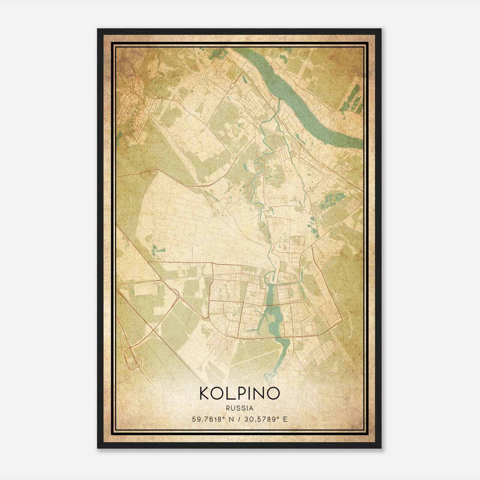Vintage Kolpino Russia Map Poster, Kolpino City Road Wall Art Print
