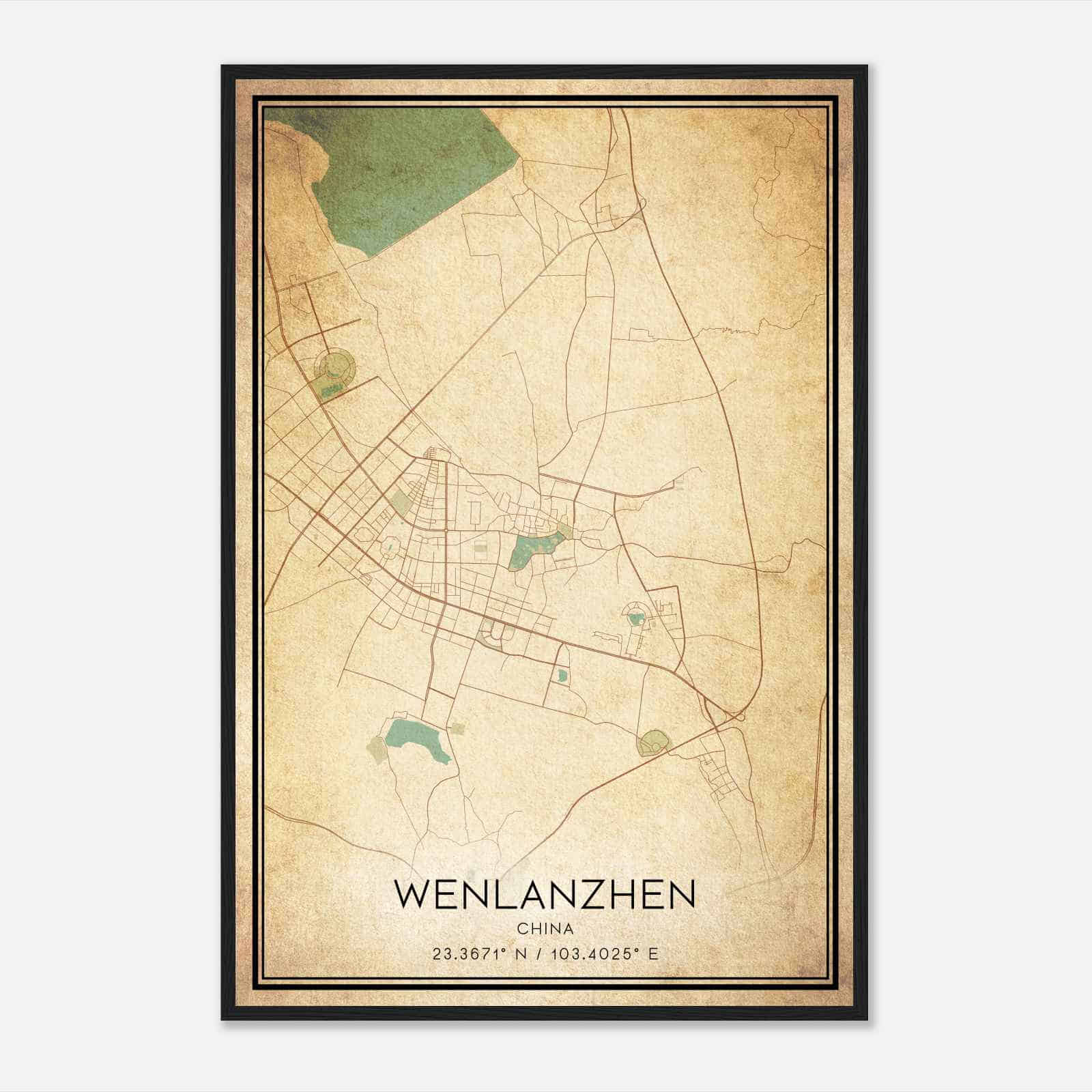 Vintage Wenlanzhen China Map Poster, Wenlanzhen City Road Wall Art Print