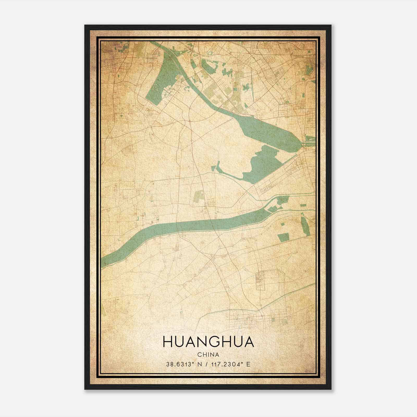 Vintage Huanghua China Map Poster, Huanghua City Road Wall Art Print