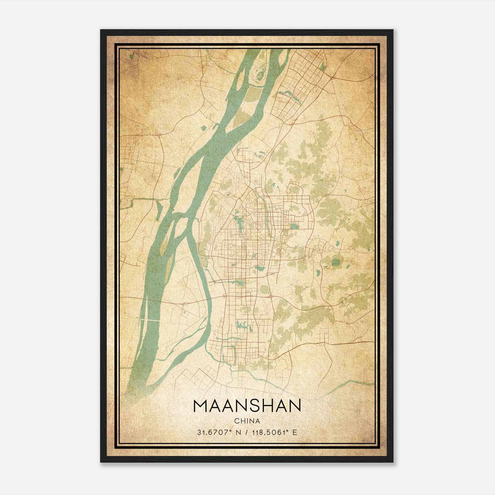 Vintage Maanshan China Map Poster, Maanshan City Road Wall Art Print