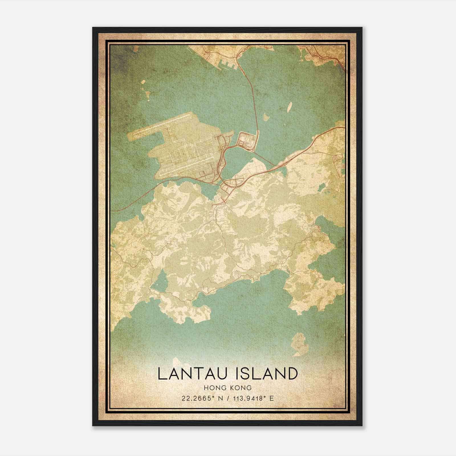 Vintage Lantau Island Hong Kong Map Poster, Lantau Island City Road Wall Art Print
