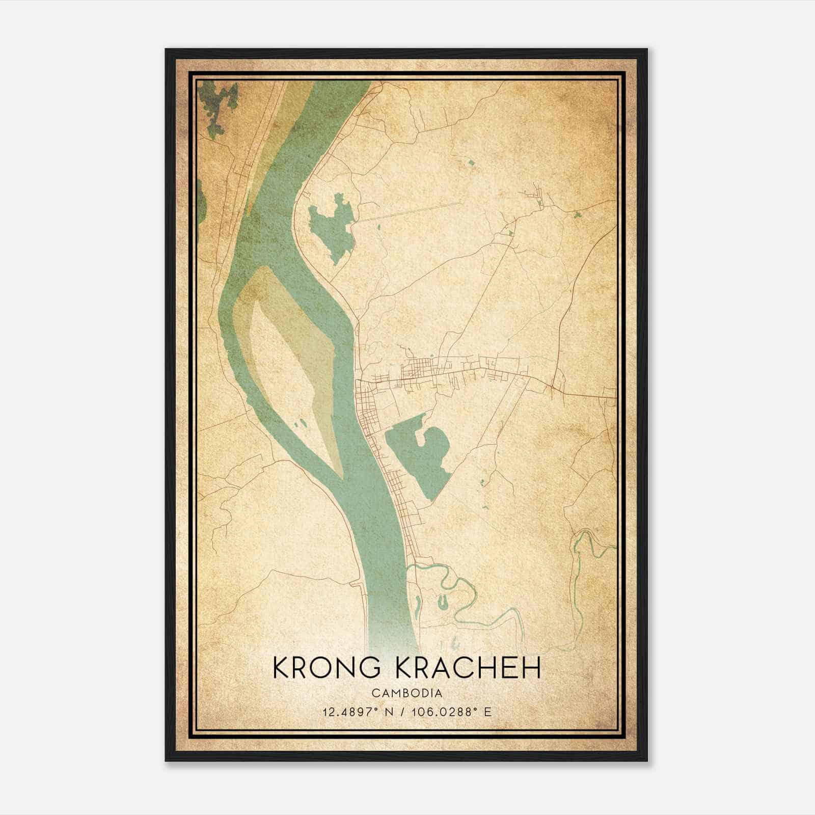Vintage Krong Kracheh Cambodia Map Poster, Krong Kracheh City Road Wall Art Print