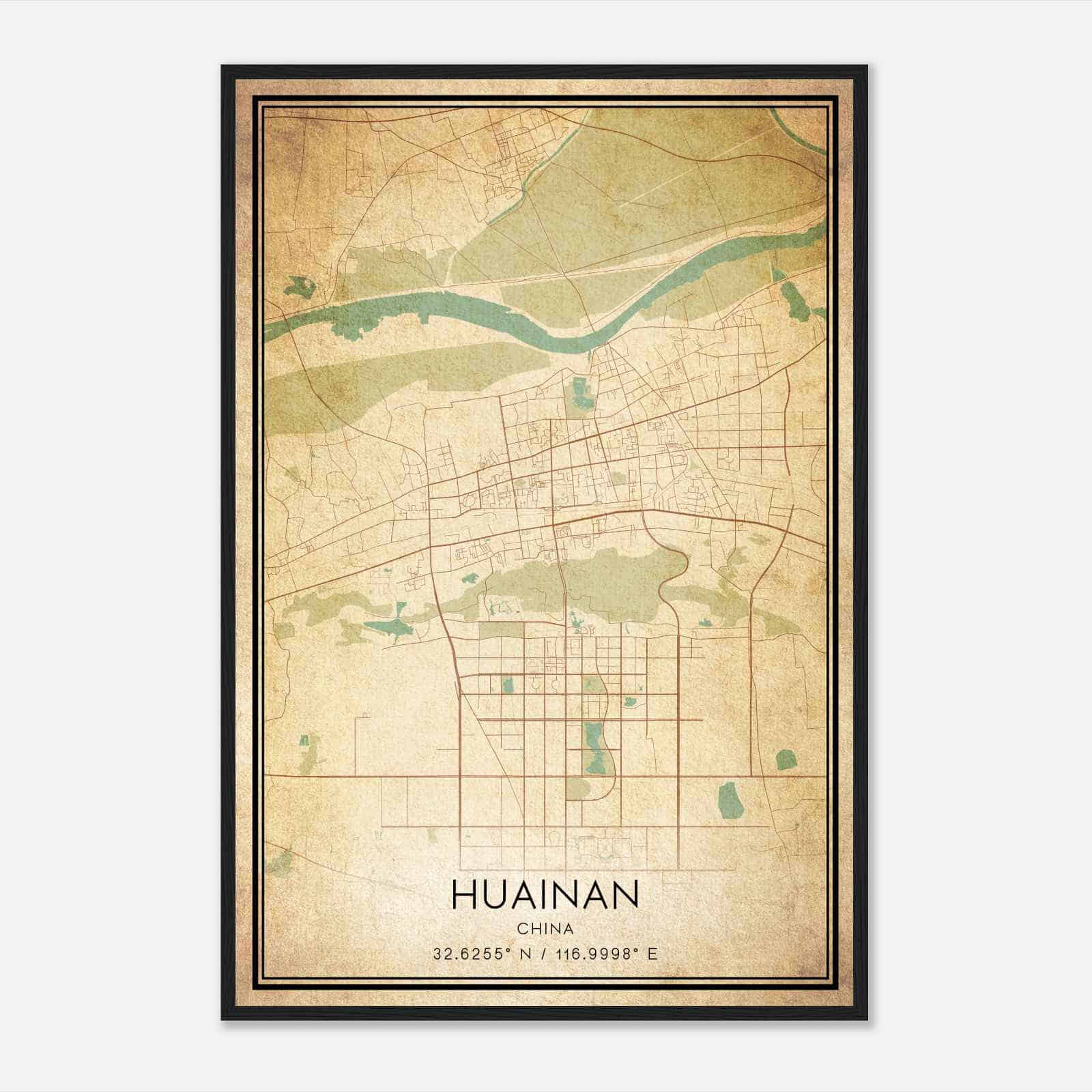 Vintage Huainan China Map Poster, Huainan City Road Wall Art Print