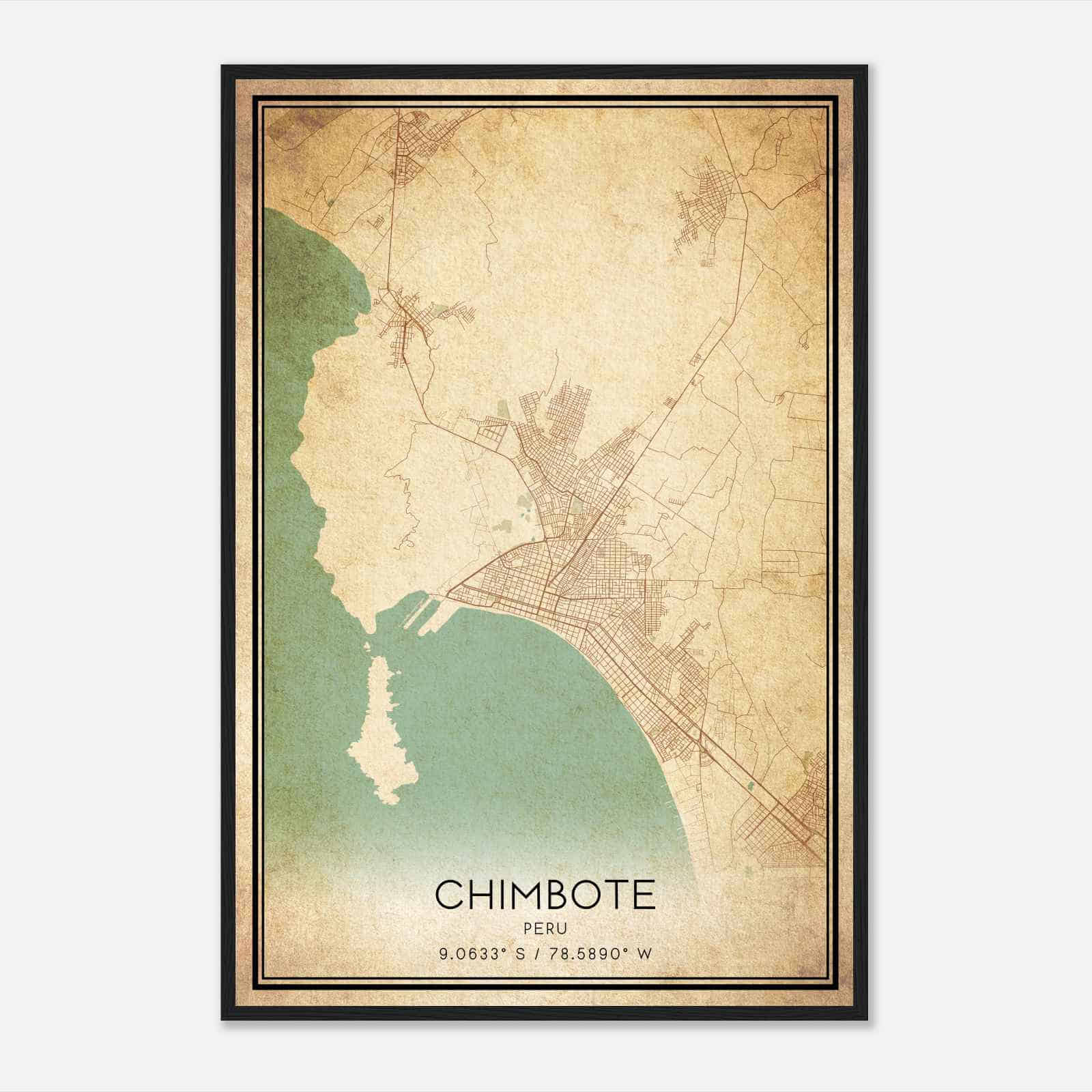 Vintage Chimbote Peru Map Poster, Chimbote City Road Wall Art Print