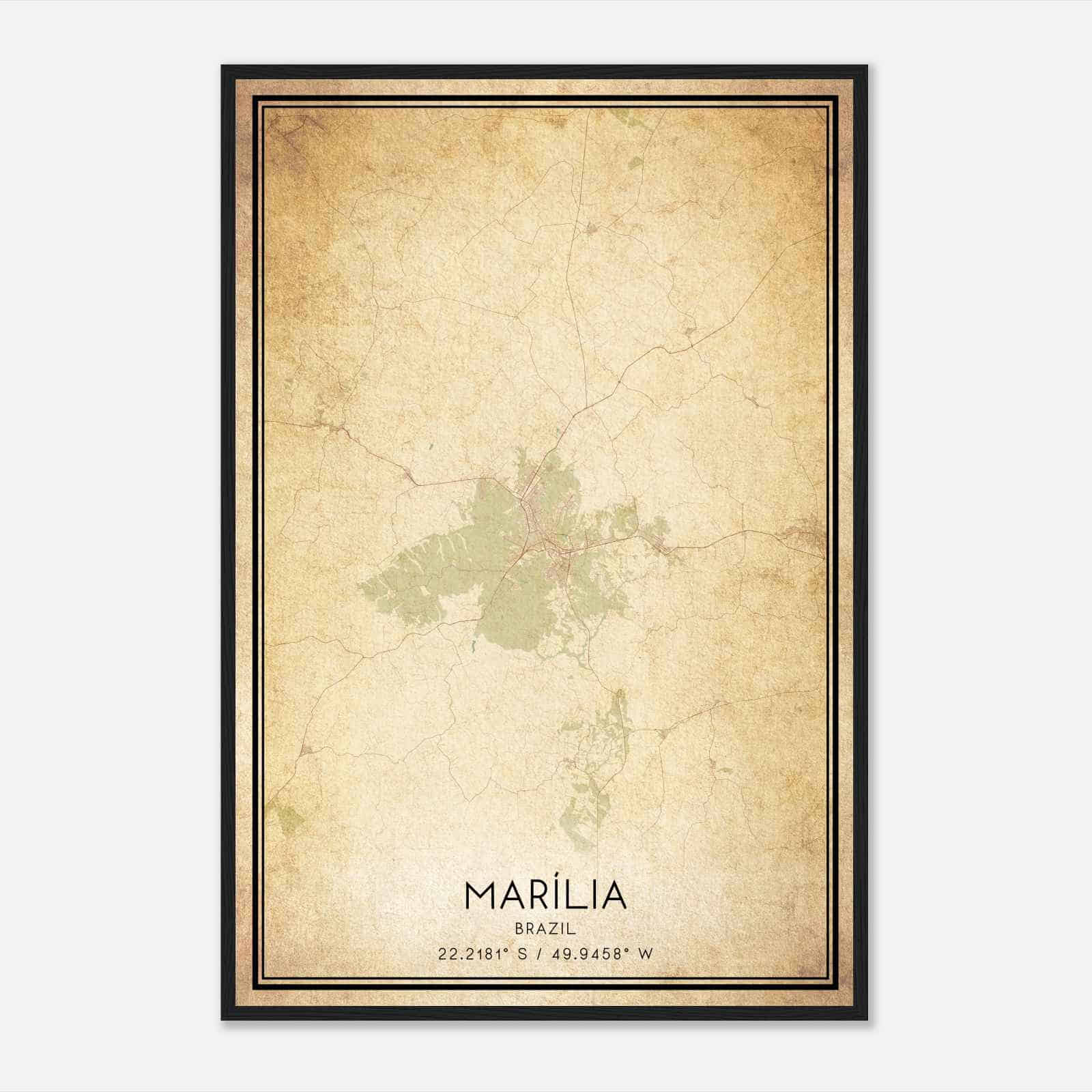 Vintage Marilia Brazil Map Poster, Marilia City Road Wall Art Print