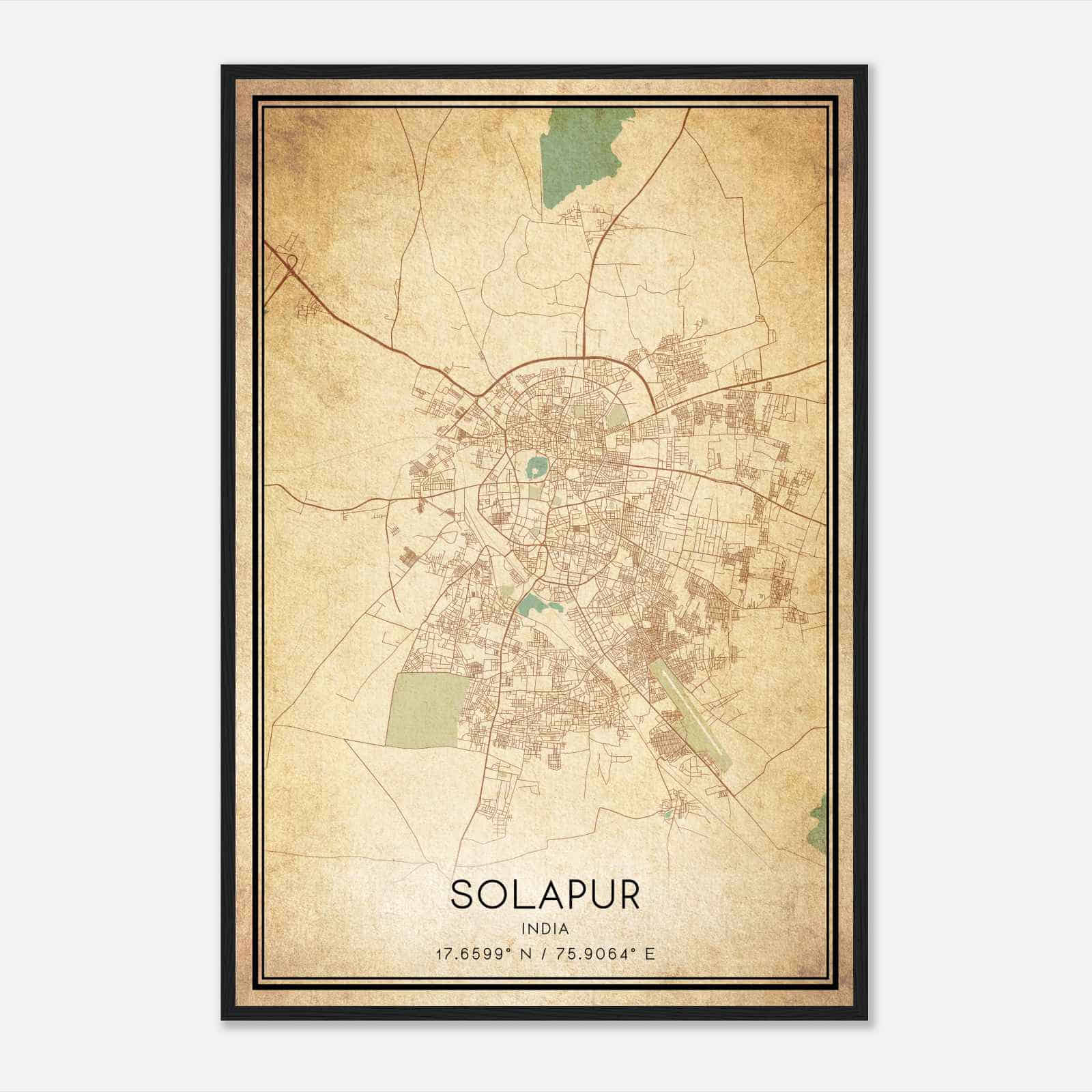 Vintage Solapur India Map Poster, Solapur City Road Wall Art Print