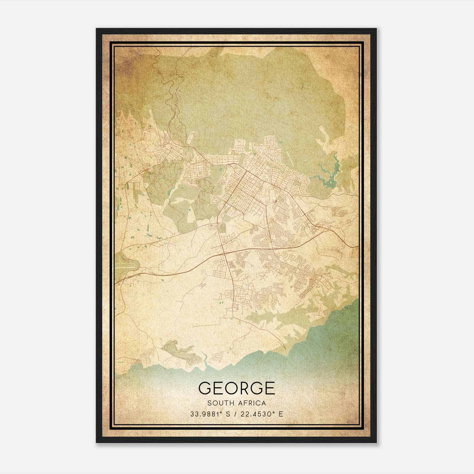 Vintage George South Africa Map Poster, George City Road Wall Art Print