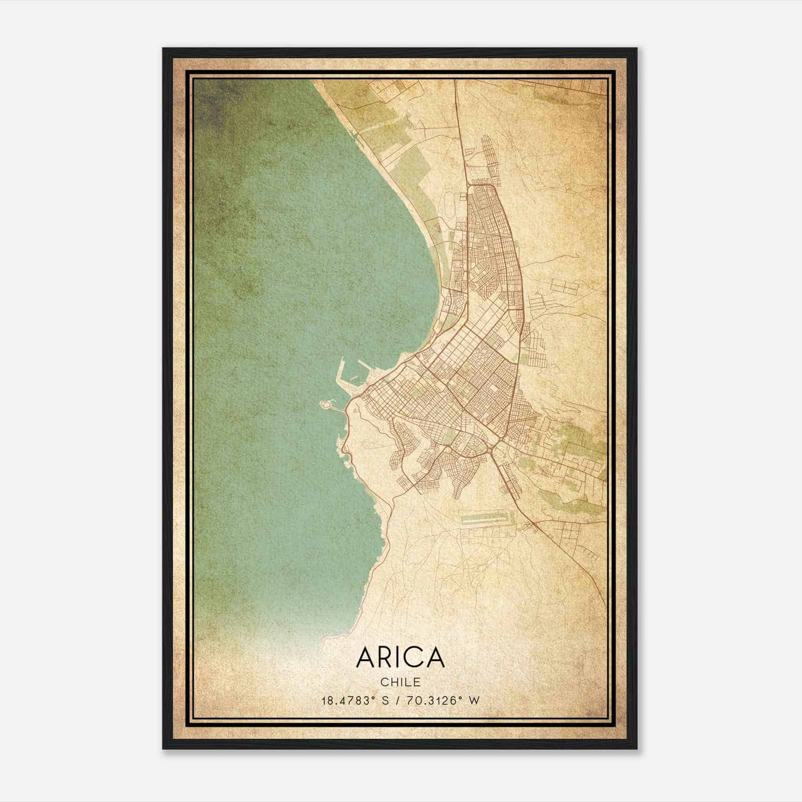 Vintage Arica Chile Map Poster, Arica City Road Wall Art Print