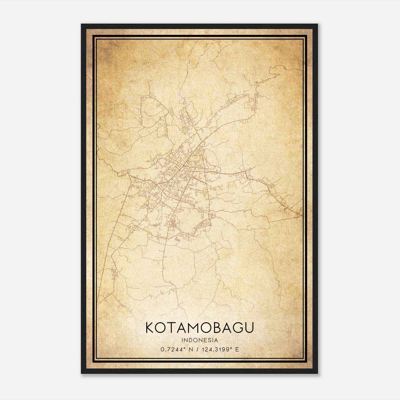 Vintage Kotamobagu Indonesia Map Poster, Kotamobagu City Road Wall Art Print
