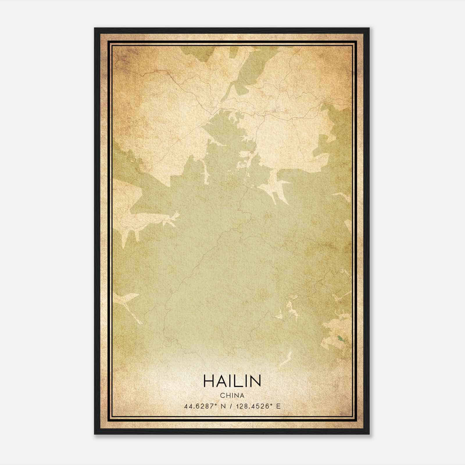 Vintage Hailin China Map Poster, Hailin City Road Wall Art Print