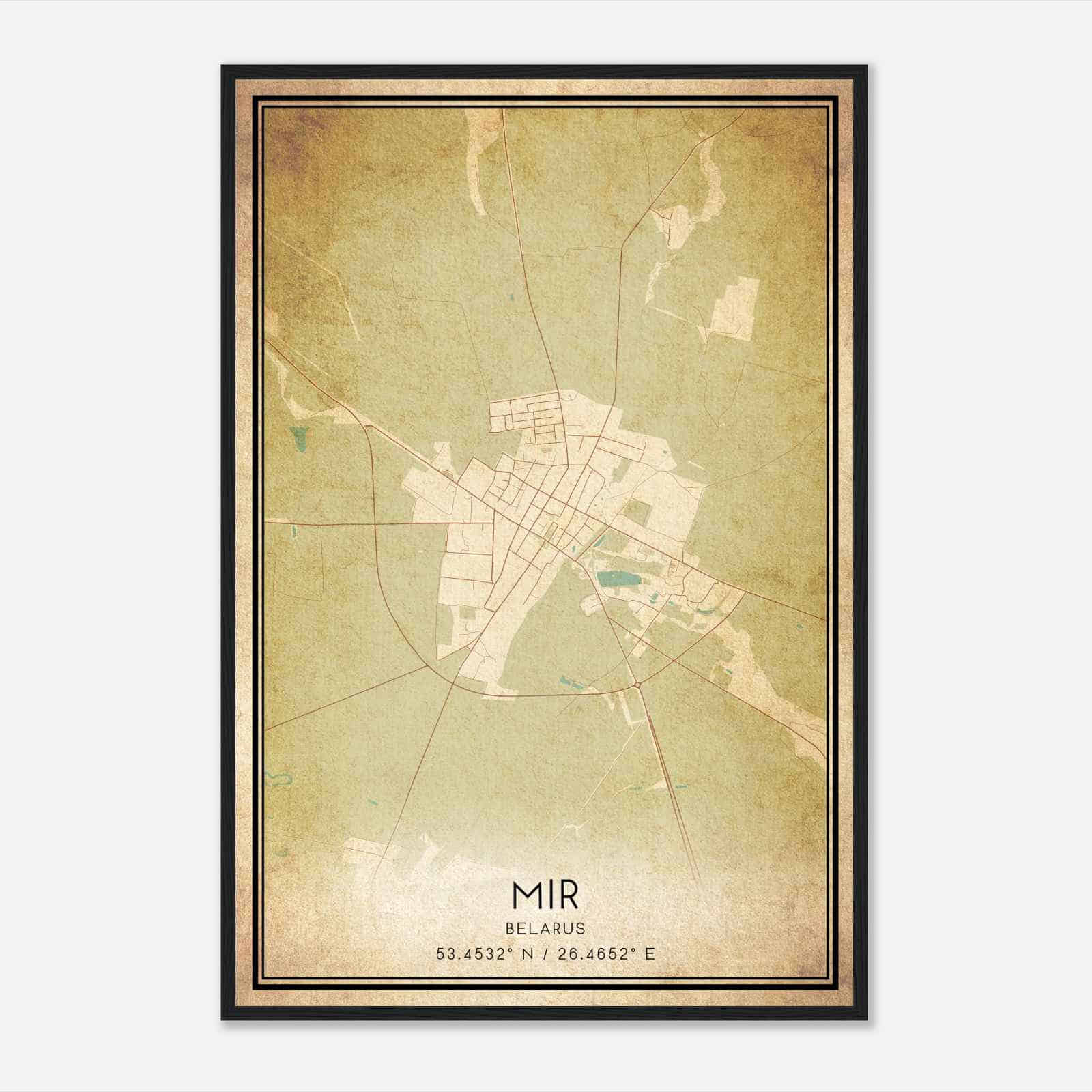 Vintage Mir Belarus Map Poster, Mir City Road Wall Art Print