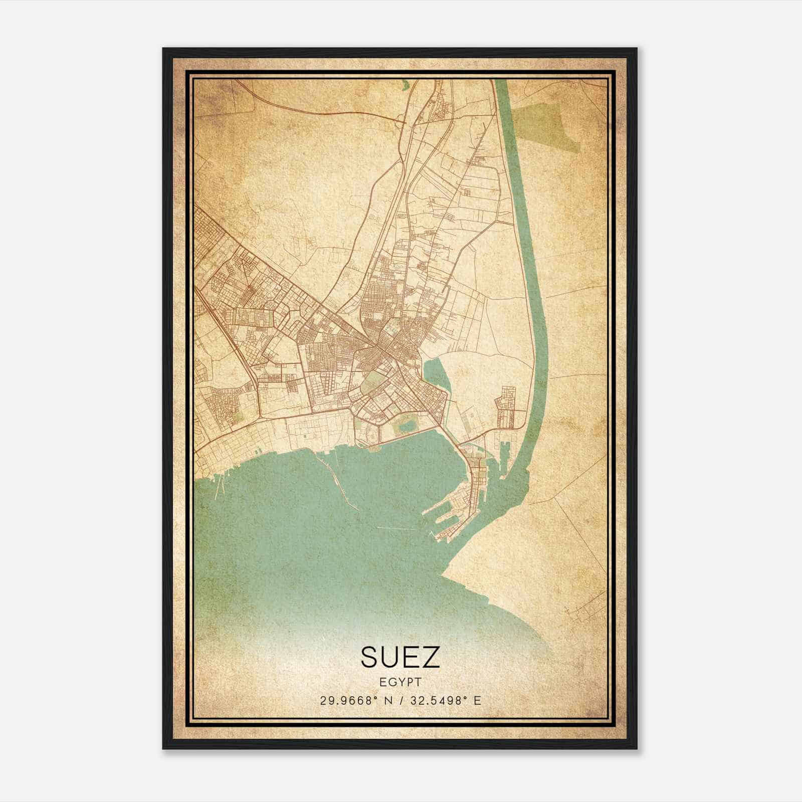 Vintage Suez Egypt Map Poster, Suez City Road Wall Art Print