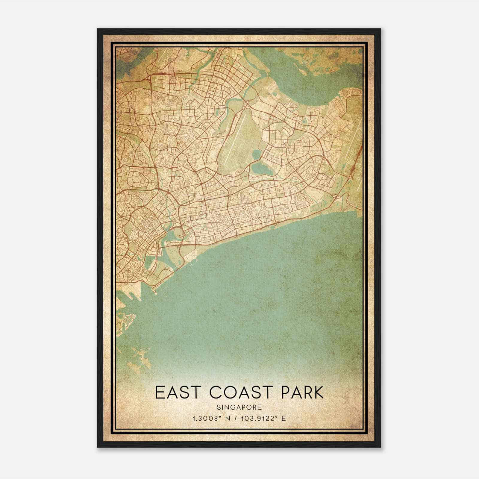 Vintage East Coast Park Singapore Map Poster, East Coast Park City Road Wall Art Print