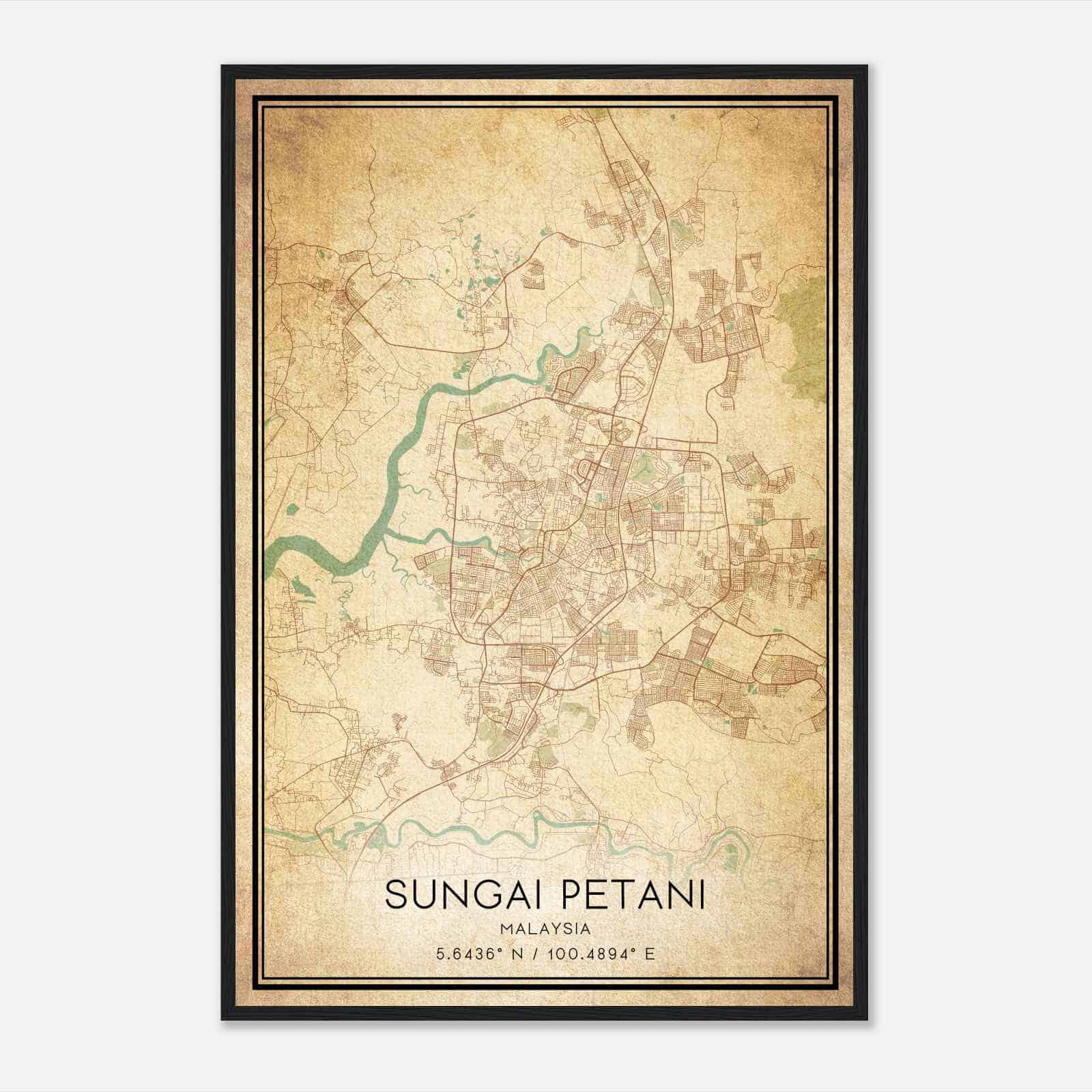 Vintage Sungai Petani Malaysia Map Poster, Sungai Petani City Road Wall