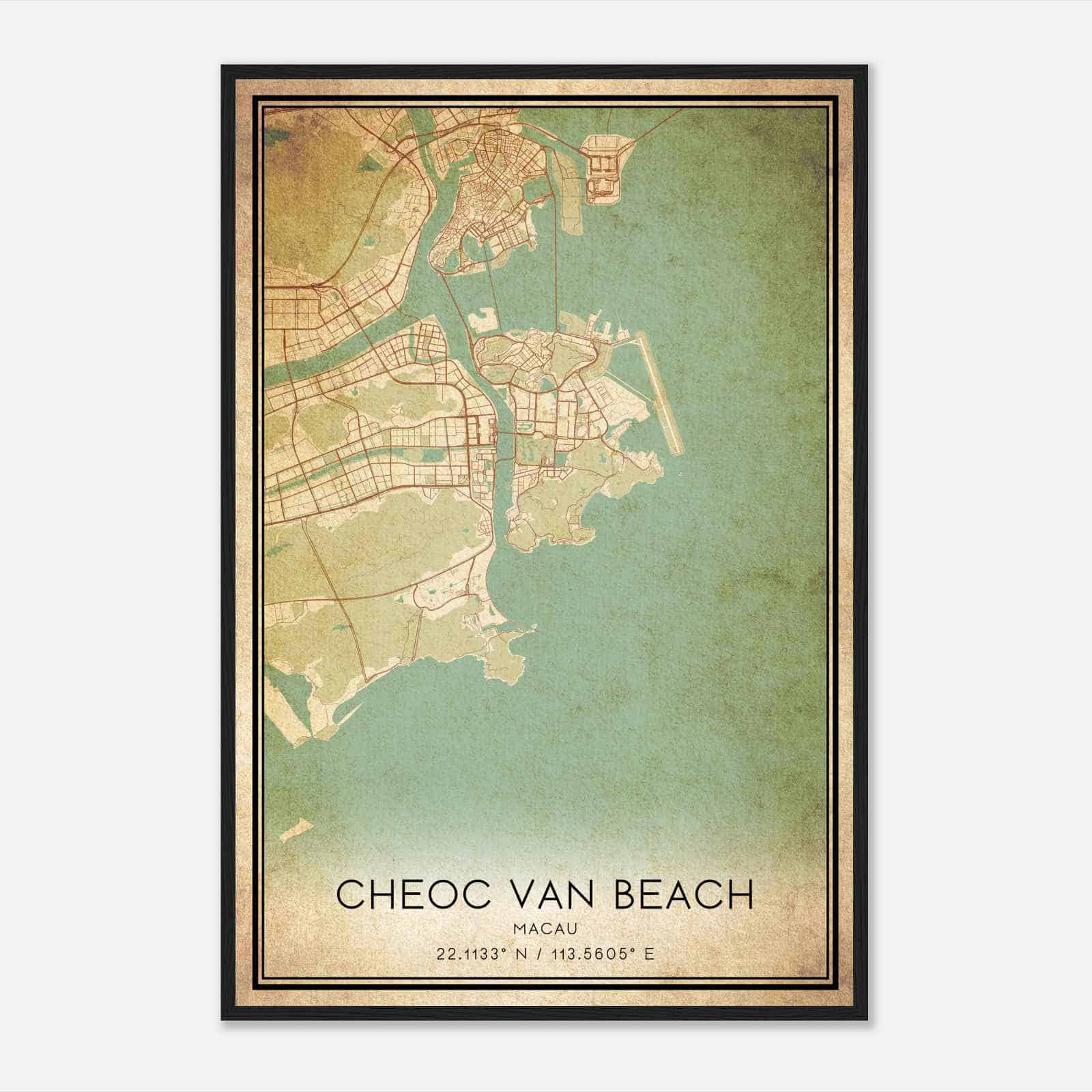 Vintage Cheoc Van Beach Macau Map Poster, Cheoc Van Beach City Road Wall Art Print