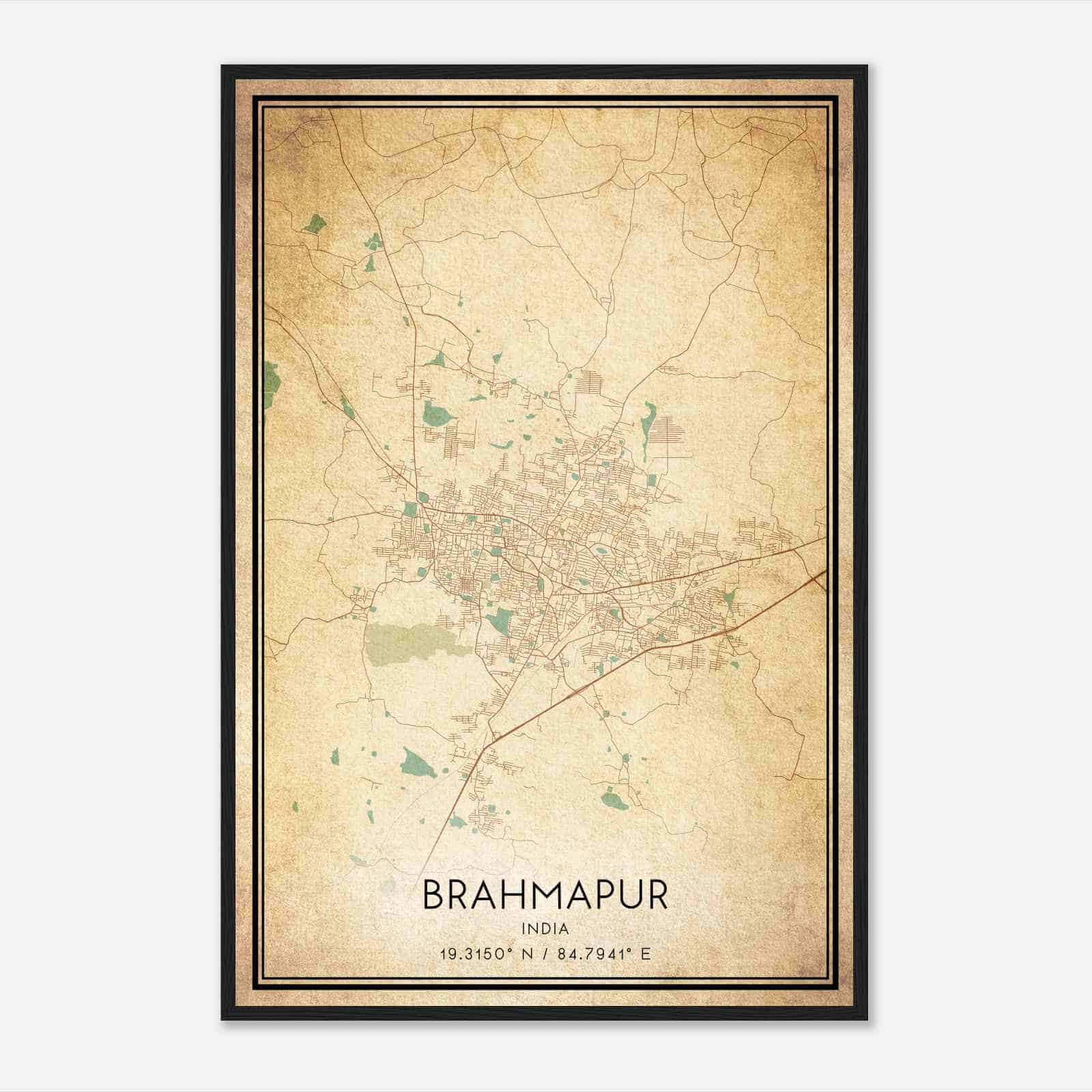 Vintage Brahmapur India Map Poster, Brahmapur City Road Wall Art Print