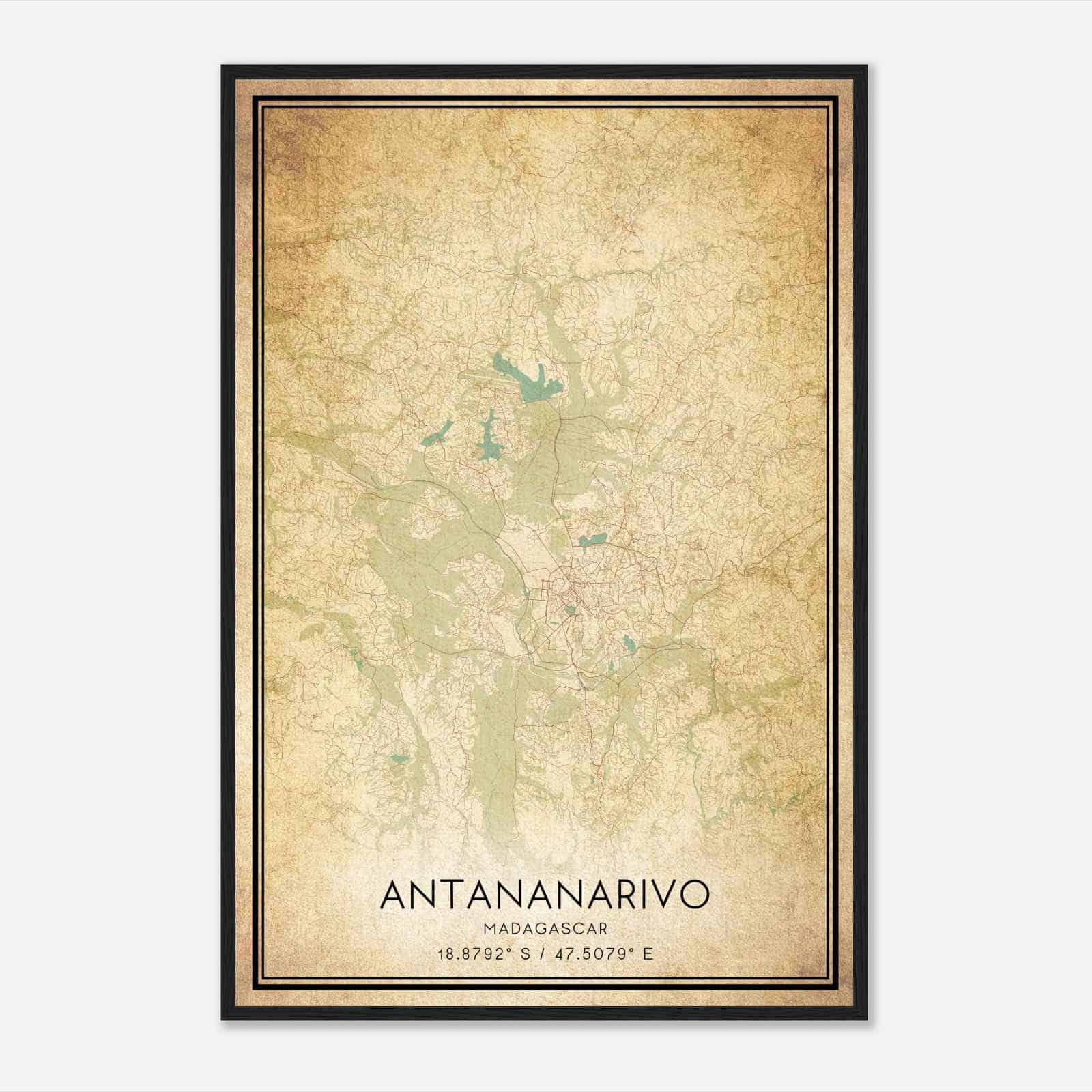 Vintage Antananarivo Madagascar Map Poster, Antananarivo City Road Wall Art Print