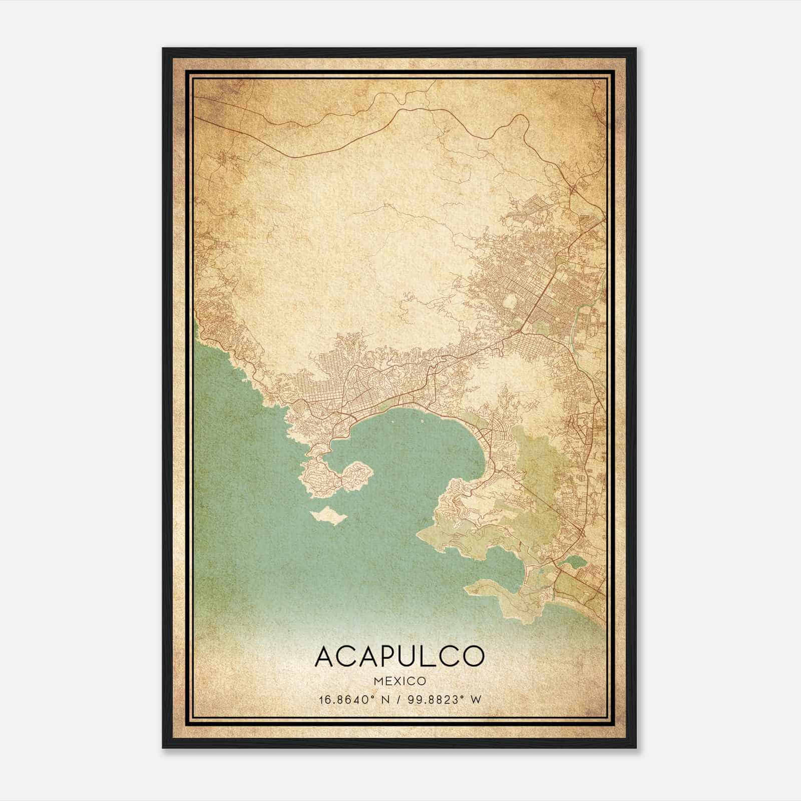 Vintage Acapulco Mexico Map Poster, Acapulco City Road Wall Art Print