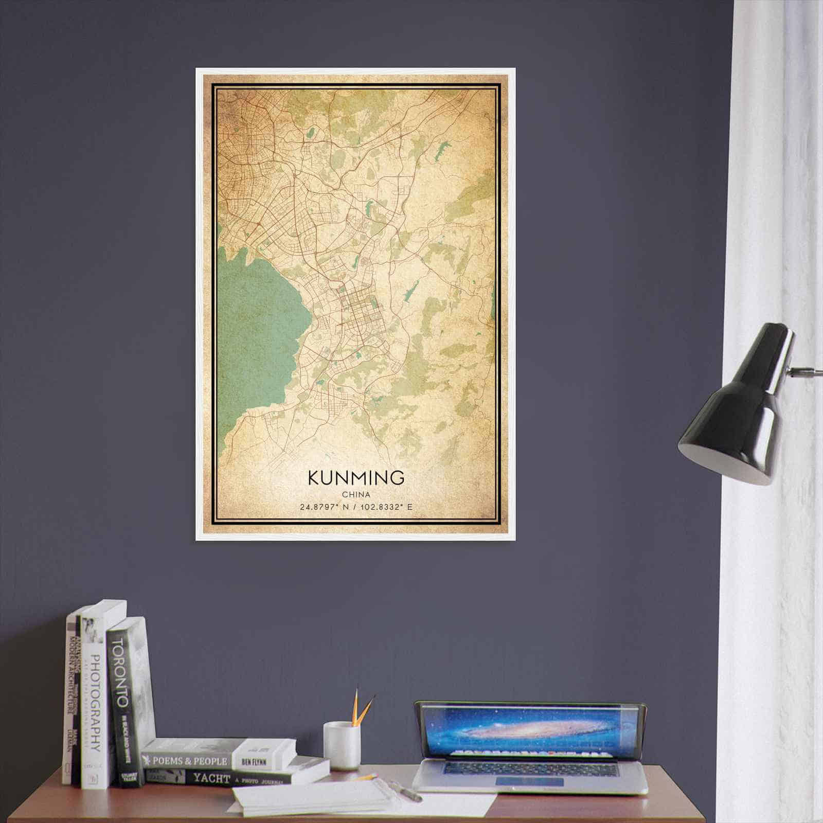 Vintage Kunming China Map Poster, Kunming City Road Wall Art Print