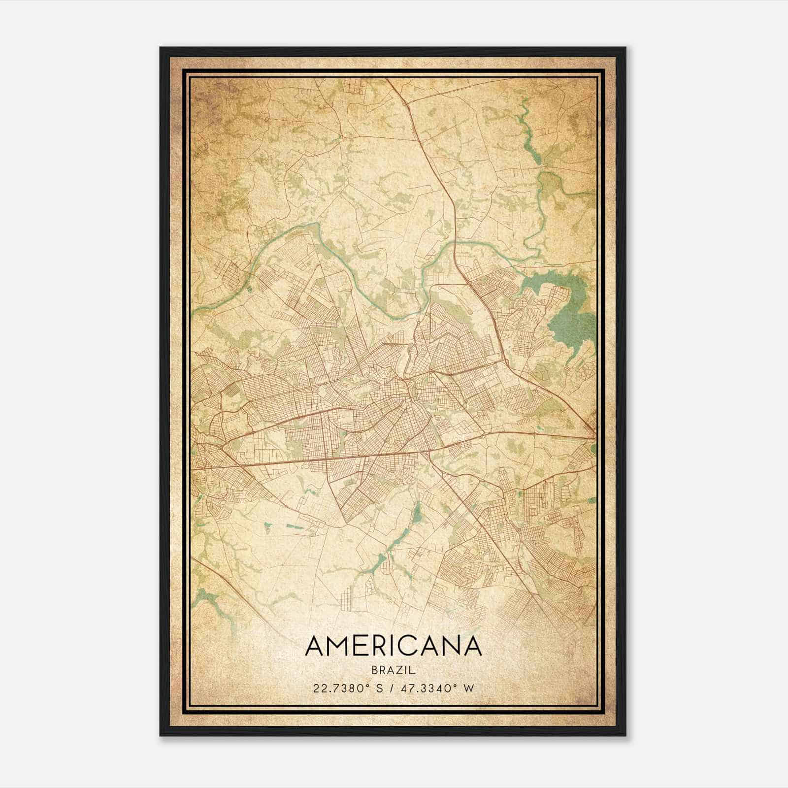 Vintage Americana Brazil Map Poster, Americana City Road Wall Art Print