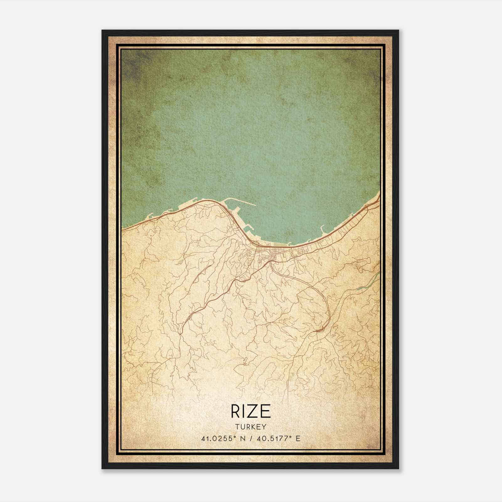 Vintage Rize Turkey Map Poster, Rize City Road Wall Art Print