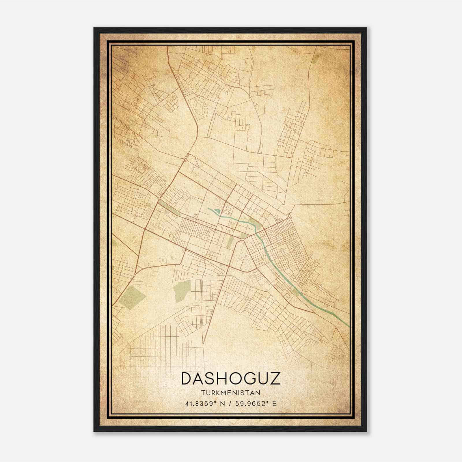 Vintage Dashoguz Turkmenistan Map Poster, Dashoguz City Road Wall Art Print