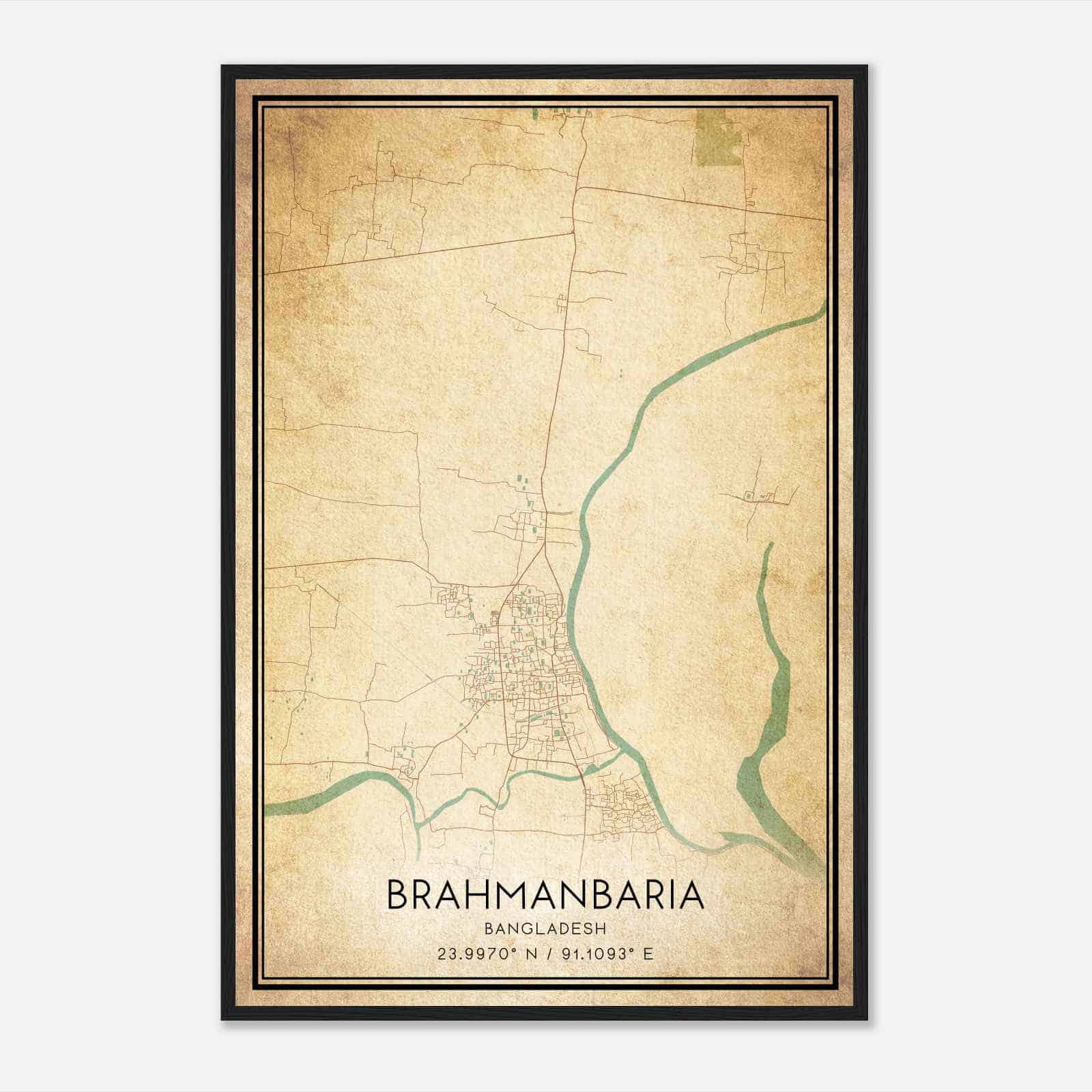 Vintage Brahmanbaria Bangladesh Map Poster, Brahmanbaria City Road Wall Art Print