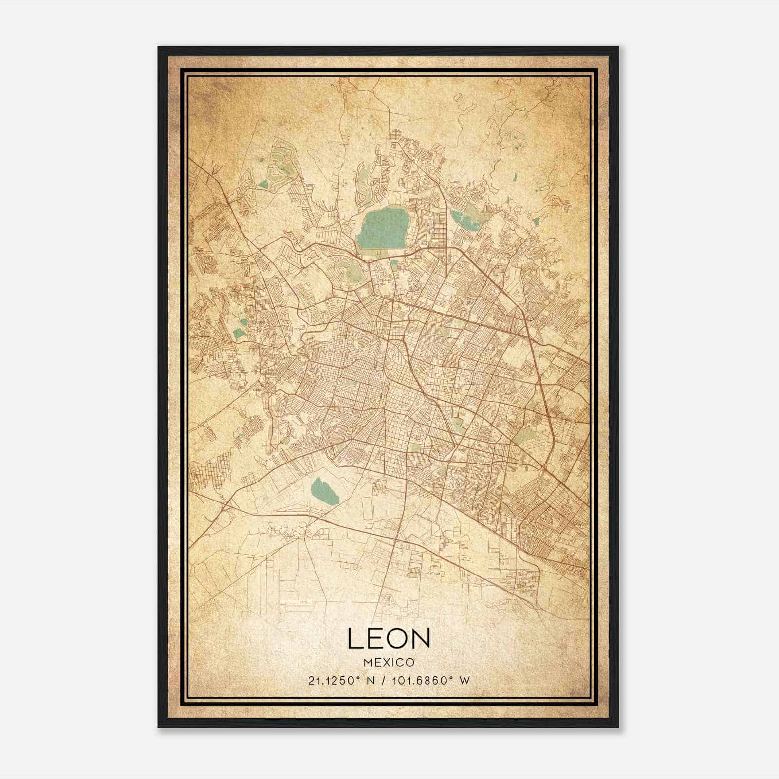 Vintage Leon Mexico Map Poster, Leon City Road Wall Art Print