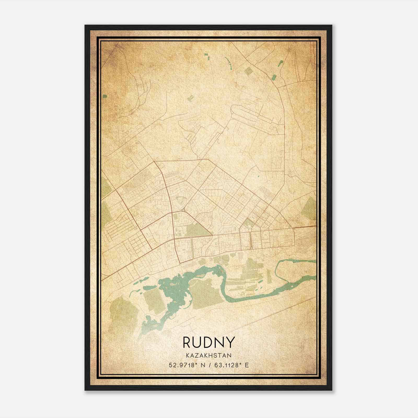 Vintage Rudny Kazakhstan Map Poster, Rudny City Road Wall Art Print