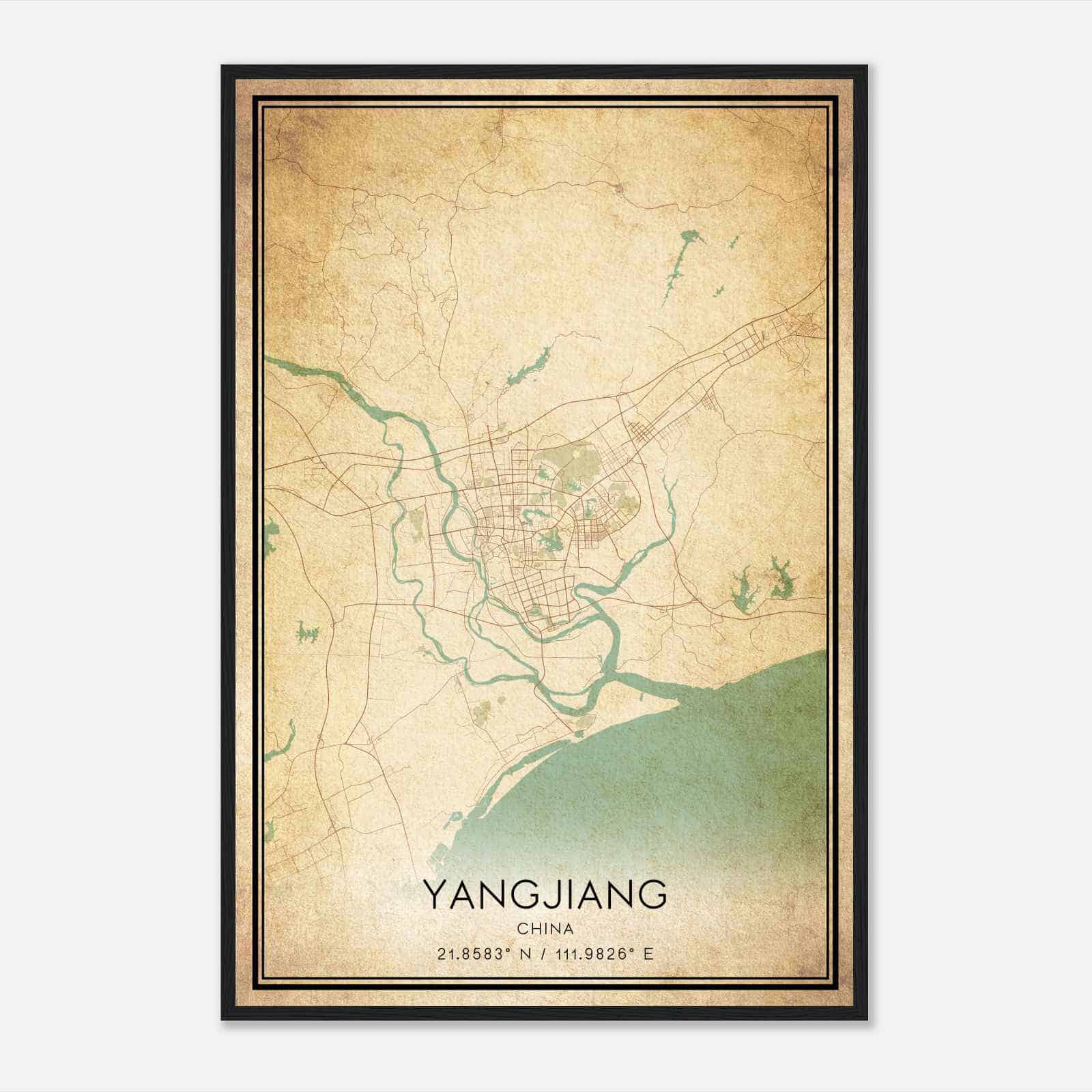 Vintage Yangjiang China Map Poster, Yangjiang City Road Wall Art Print