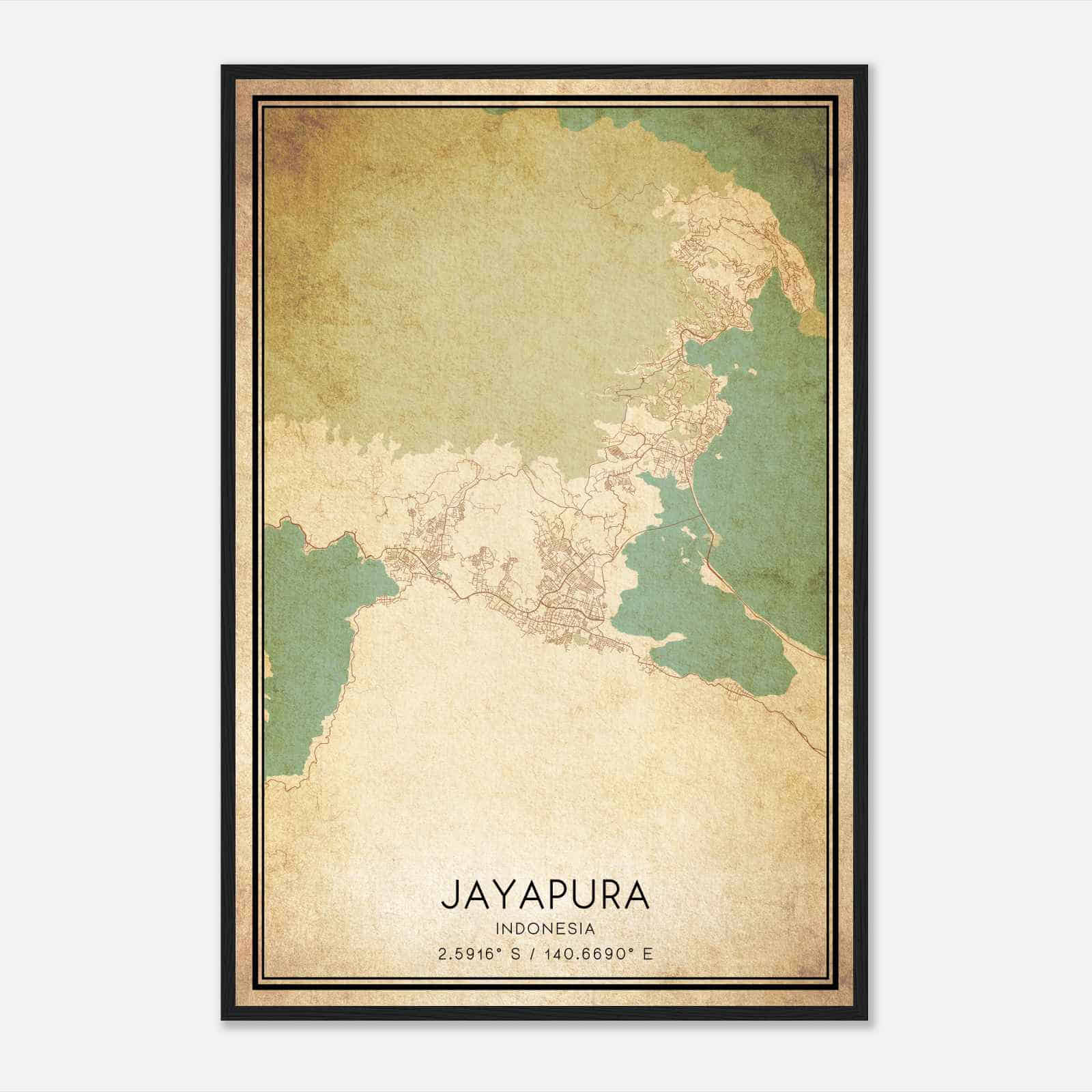 Vintage Jayapura Indonesia Map Poster, Jayapura City Road Wall Art Print