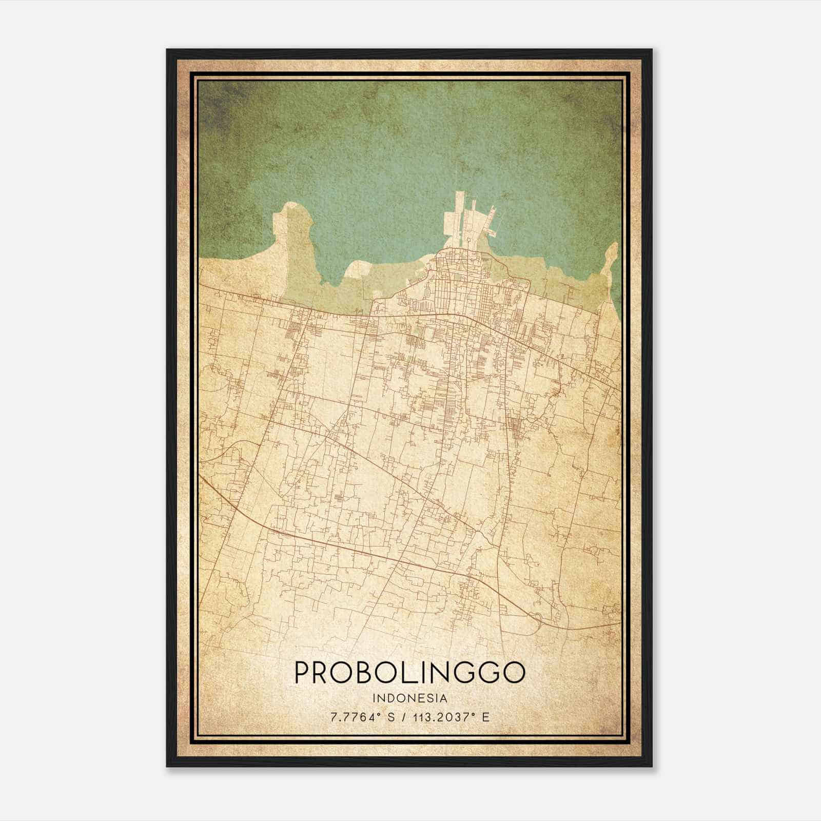 Vintage Probolinggo Indonesia Map Poster, Probolinggo City Road Wall Art Print
