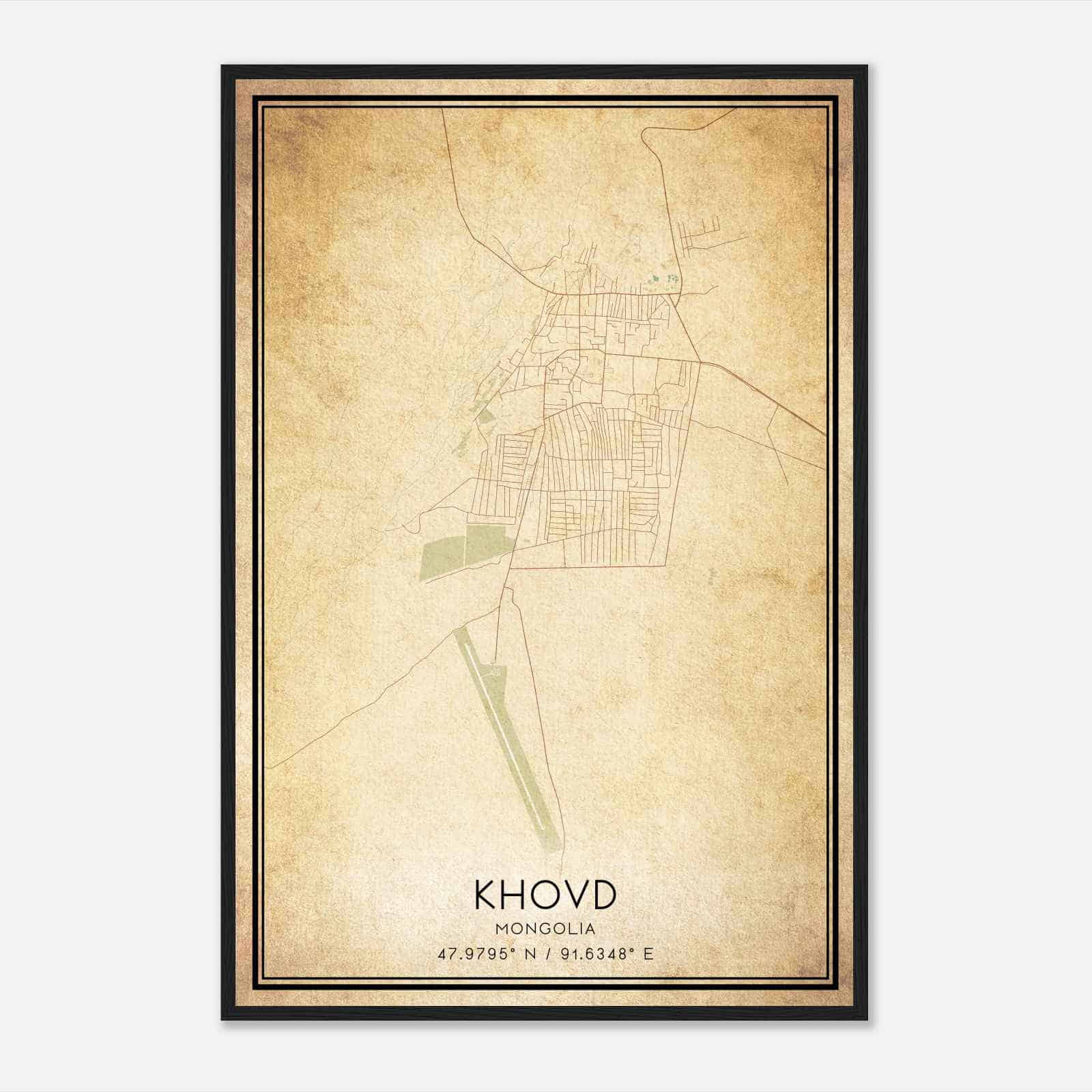 Vintage Khovd Mongolia Map Poster, Khovd City Road Wall Art Print