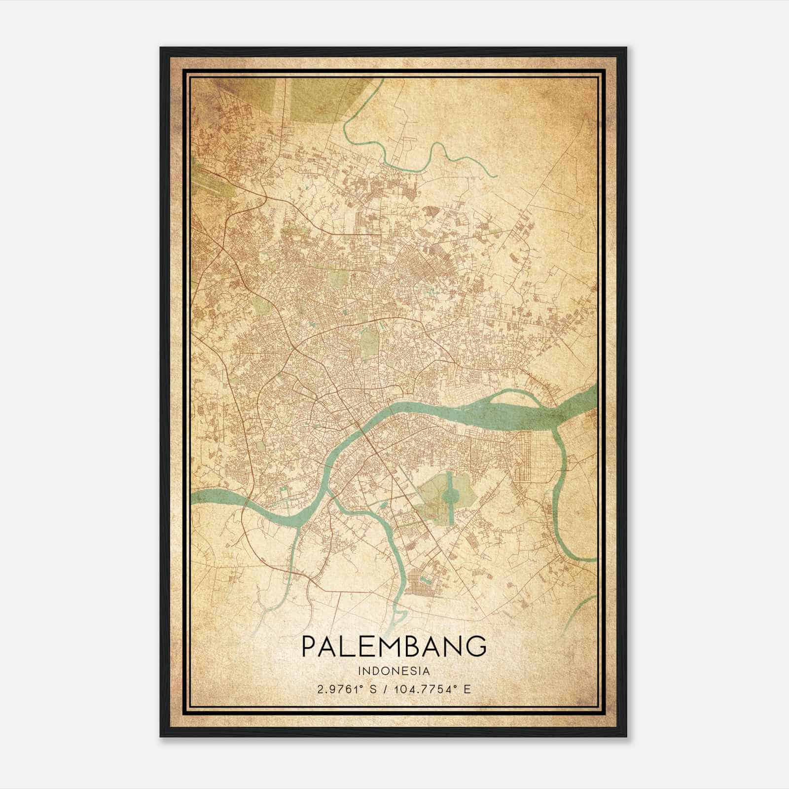 Vintage Palembang Indonesia Map Poster, Palembang City Road Wall Art Print
