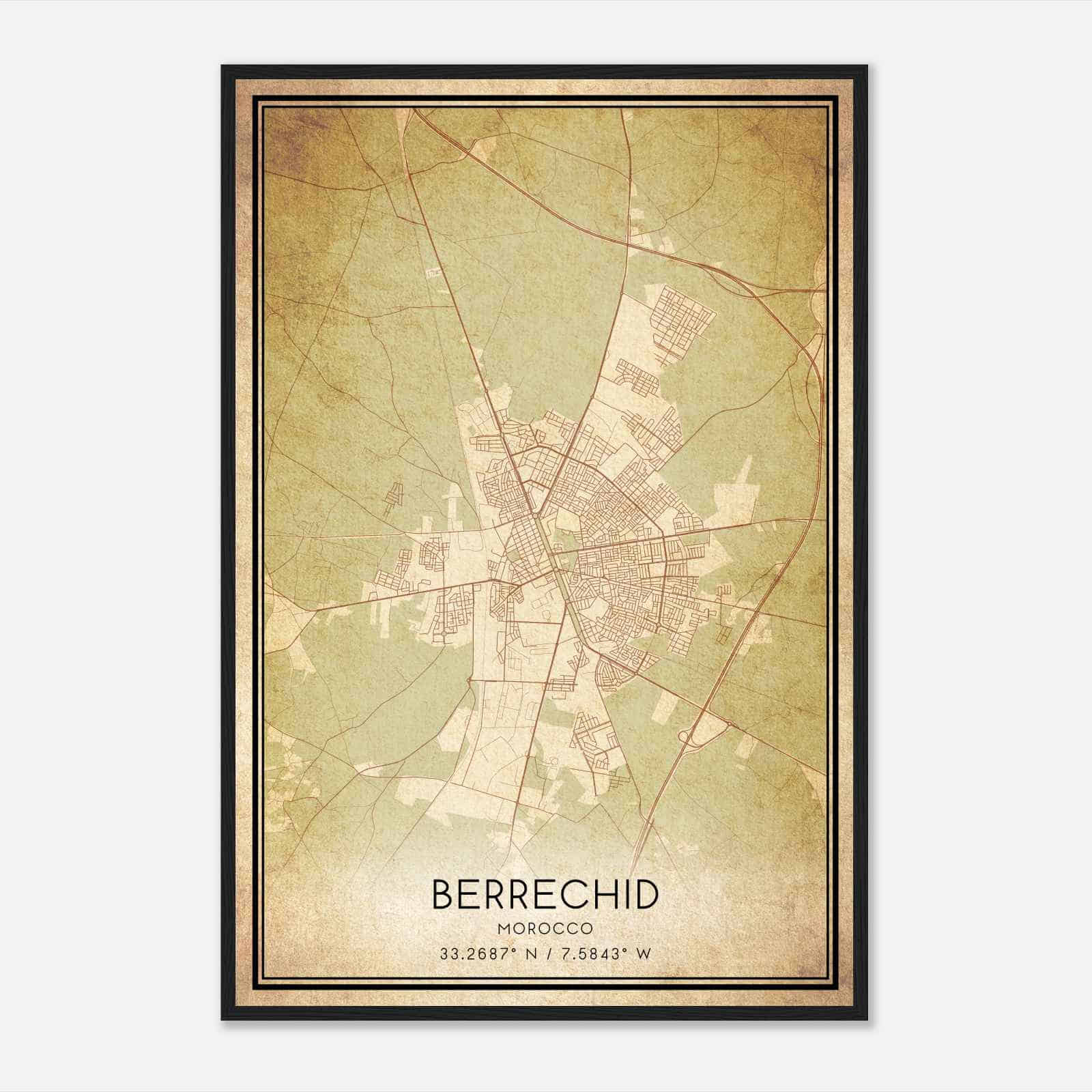 Vintage Berrechid Morocco Map Poster, Berrechid City Road Wall Art Print