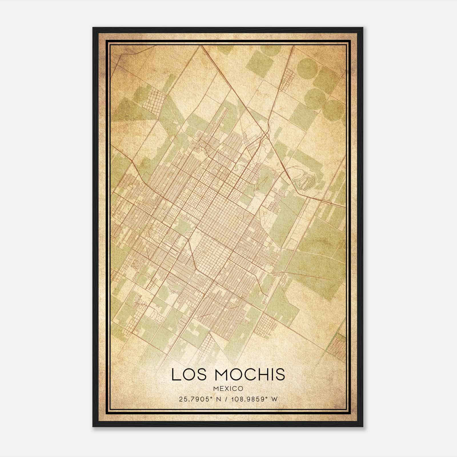 Vintage Los Mochis Mexico Map Poster, Los Mochis City Road Wall Art Print