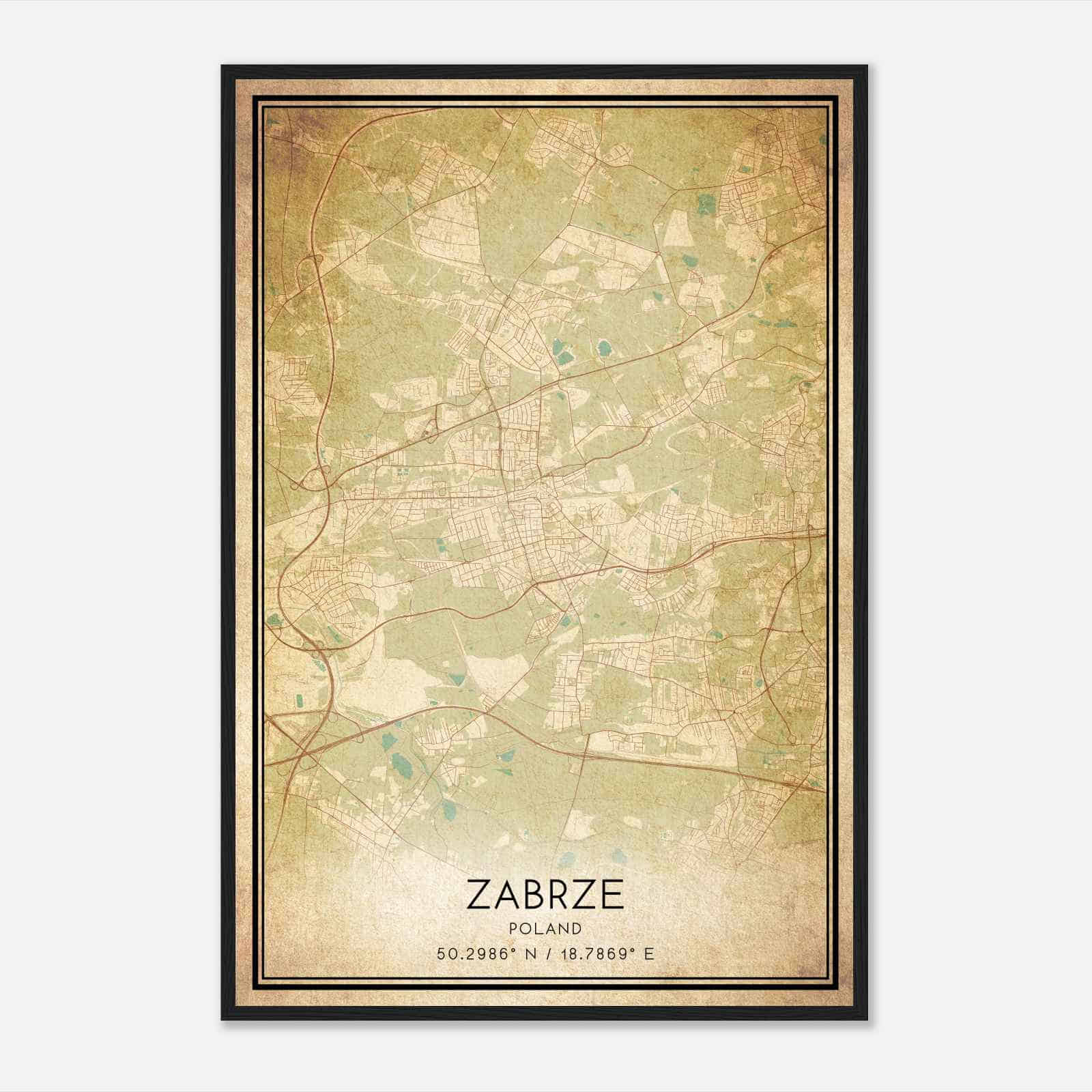 Vintage Zabrze Poland Map Poster, Zabrze City Road Wall Art Print