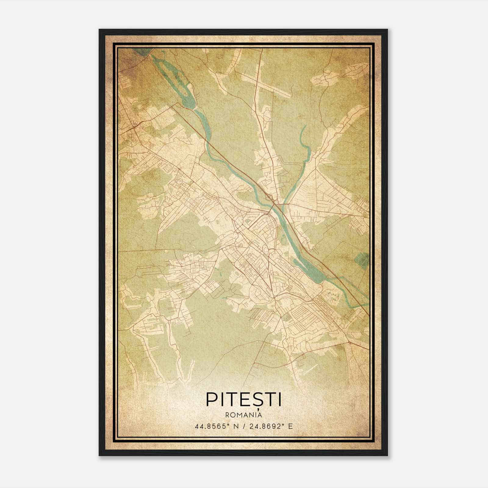 Vintage Pitesti Romania Map Poster, Pitesti City Road Wall Art Print