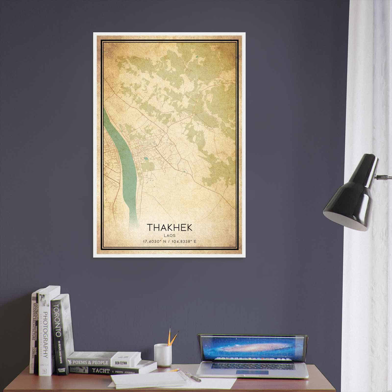 Vintage Thakhek Laos Map Poster, Thakhek City Road Wall Art Print
