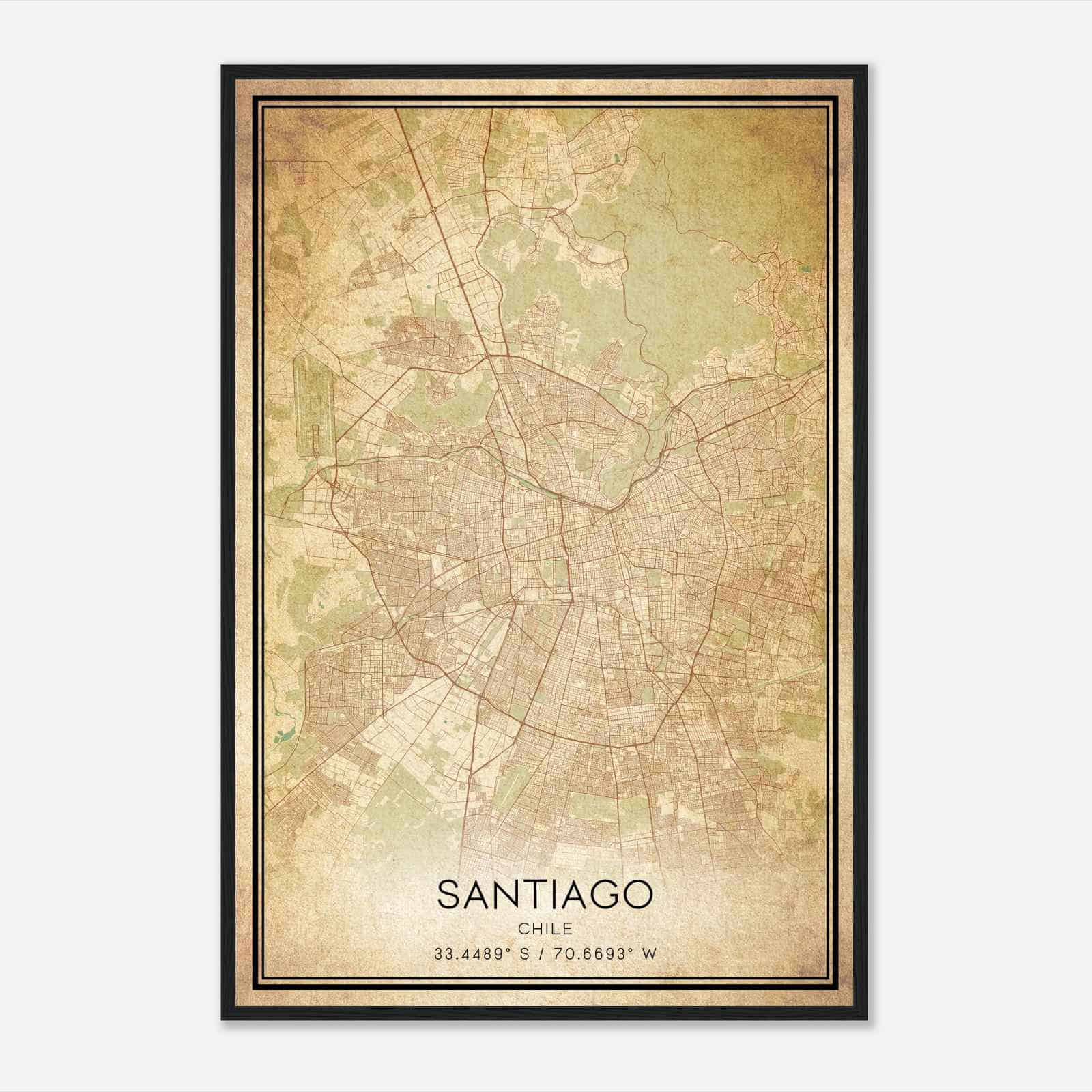 Vintage Santiago Chile Map Poster, Santiago City Road Wall Art Print