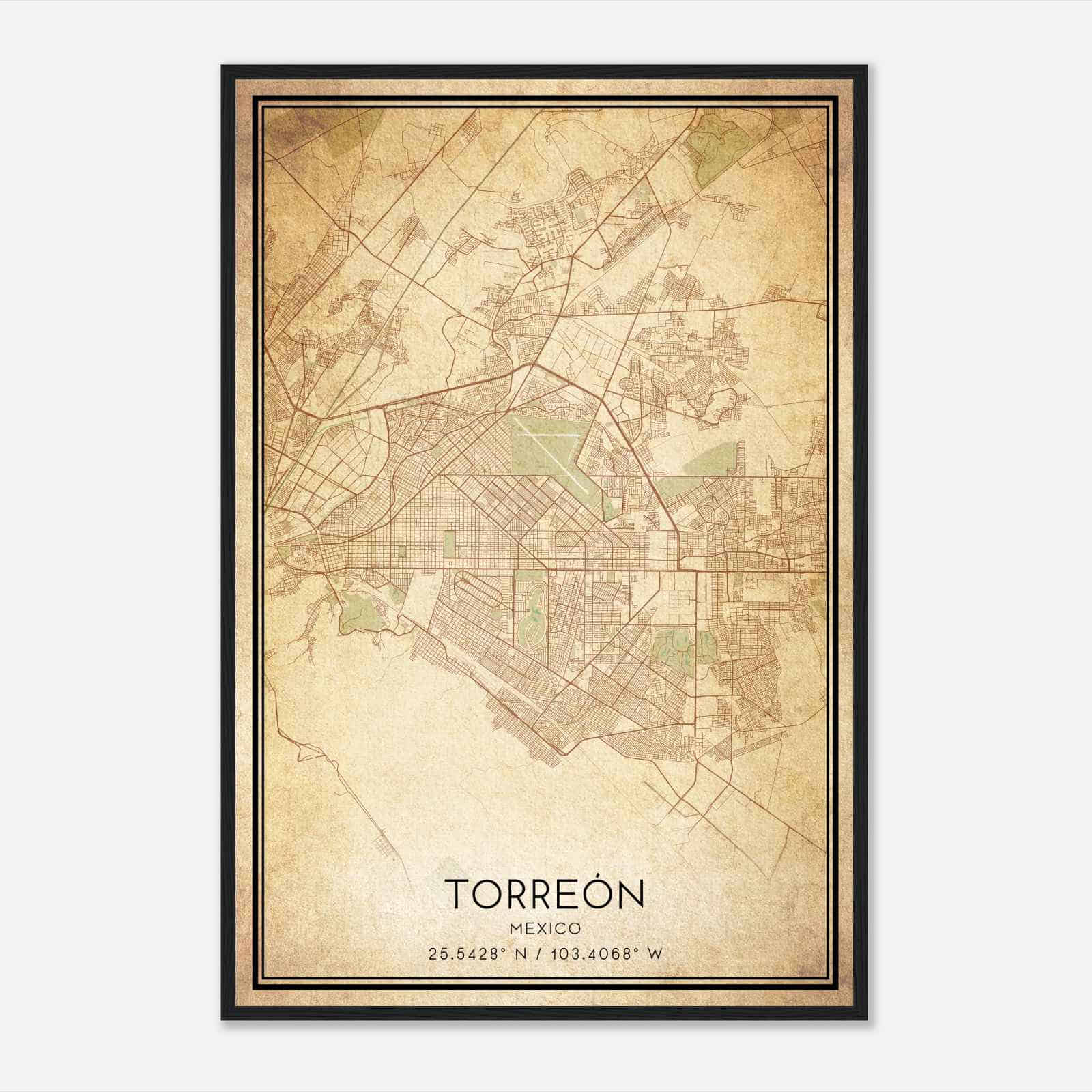 Vintage Torreon Mexico Map Poster, Torreon City Road Wall Art Print