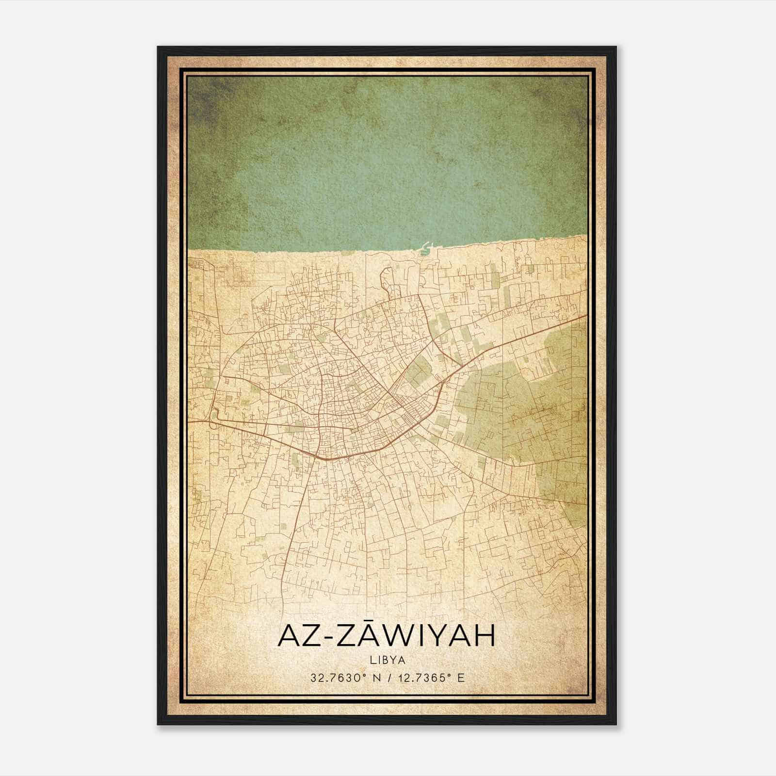 Vintage AzZawiyah Libya Map Poster, AzZawiyah City Road Wall Art Print