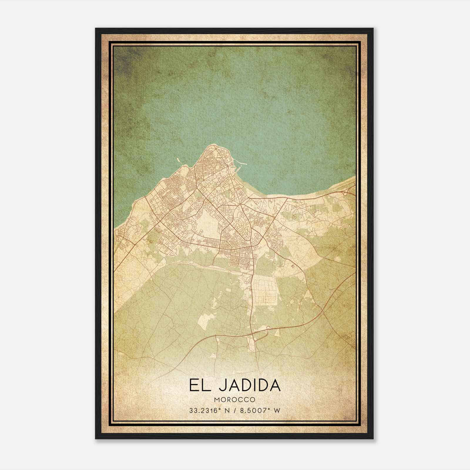 Vintage El Jadida Morocco Map Poster, El Jadida City Road Wall Art Print