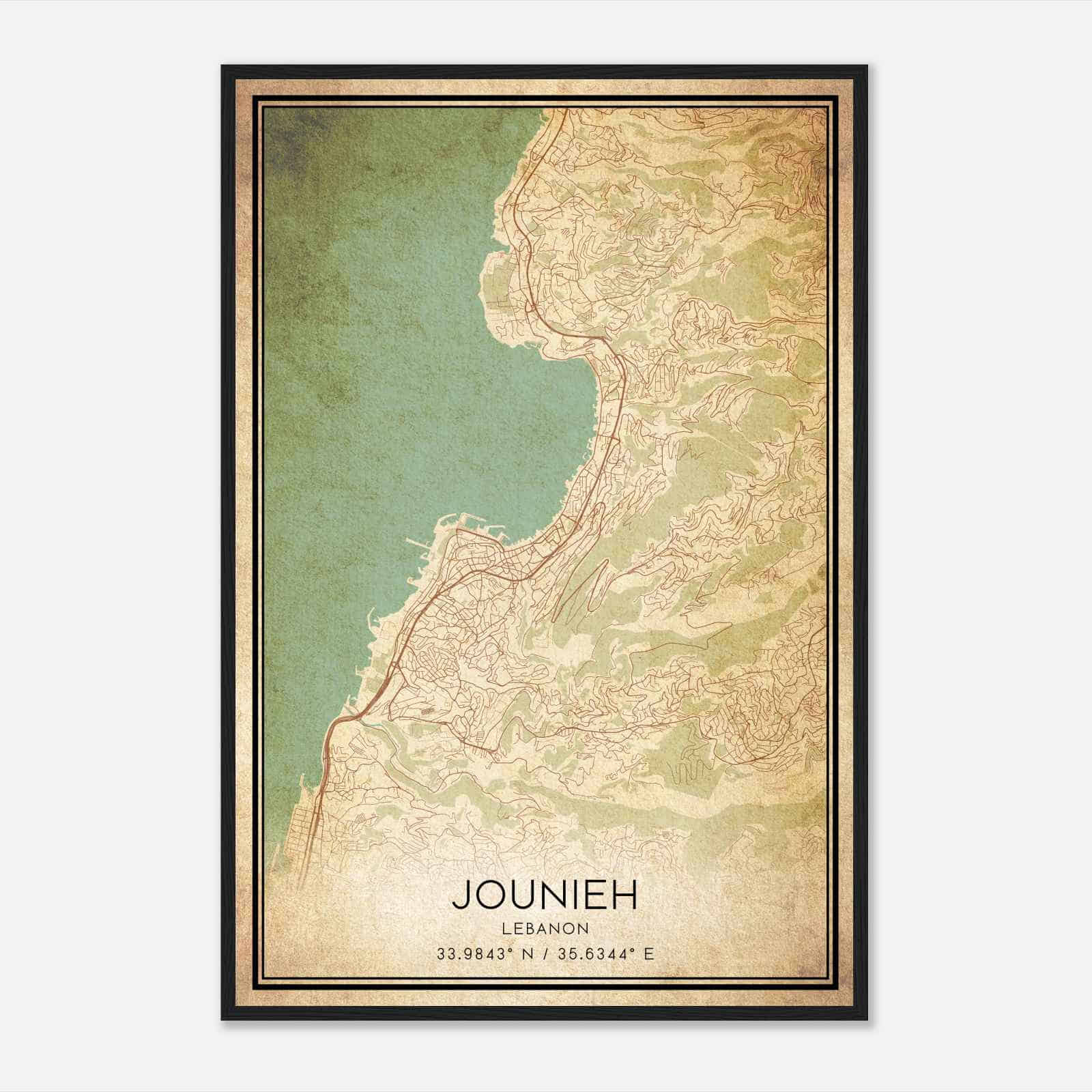 Vintage Jounieh Lebanon Map Poster, Jounieh City Road Wall Art Print
