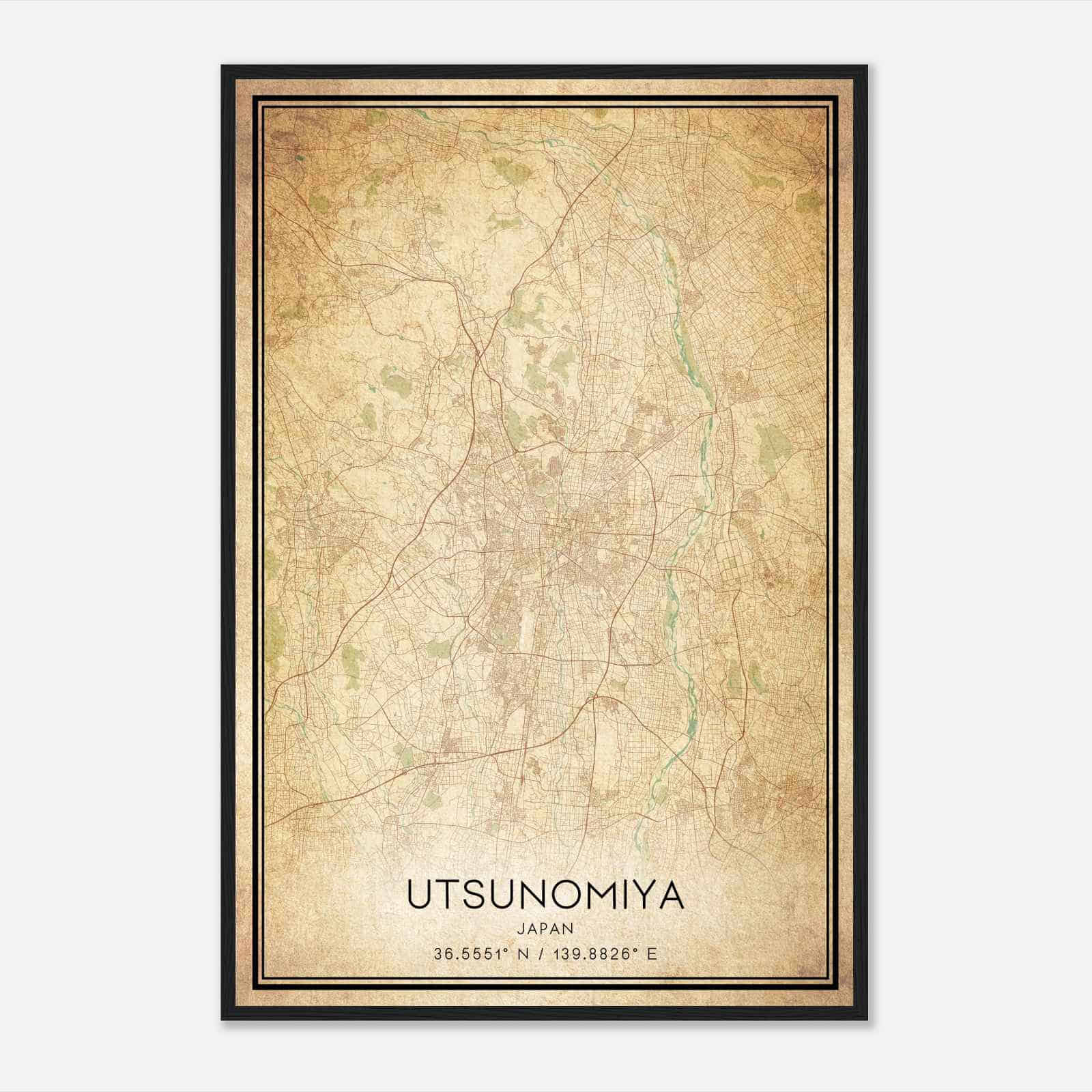 Vintage Utsunomiya Japan Map Poster, Utsunomiya City Road Wall Art Print