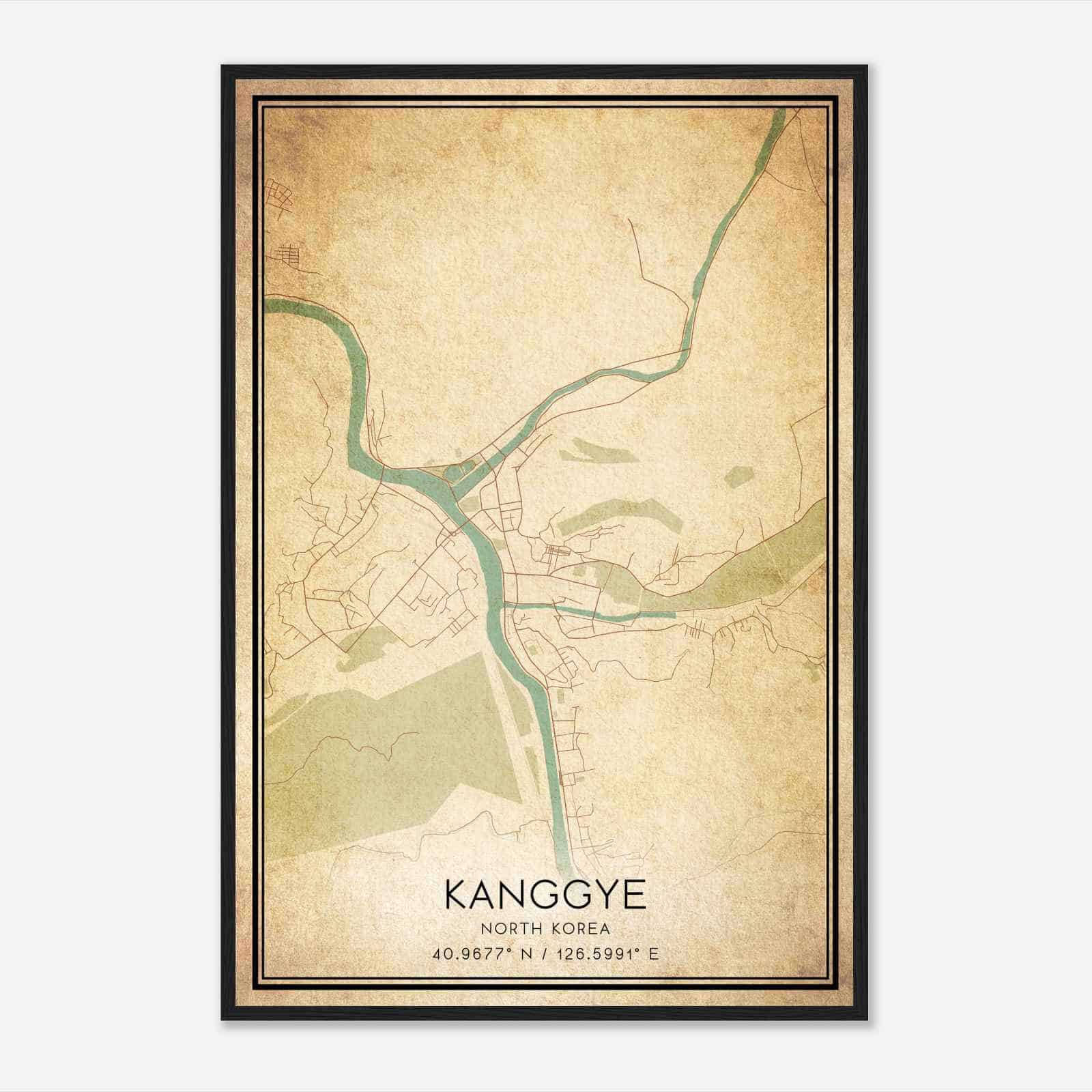 Vintage Kanggye North Korea Map Poster, Kanggye City Road Wall Art Print