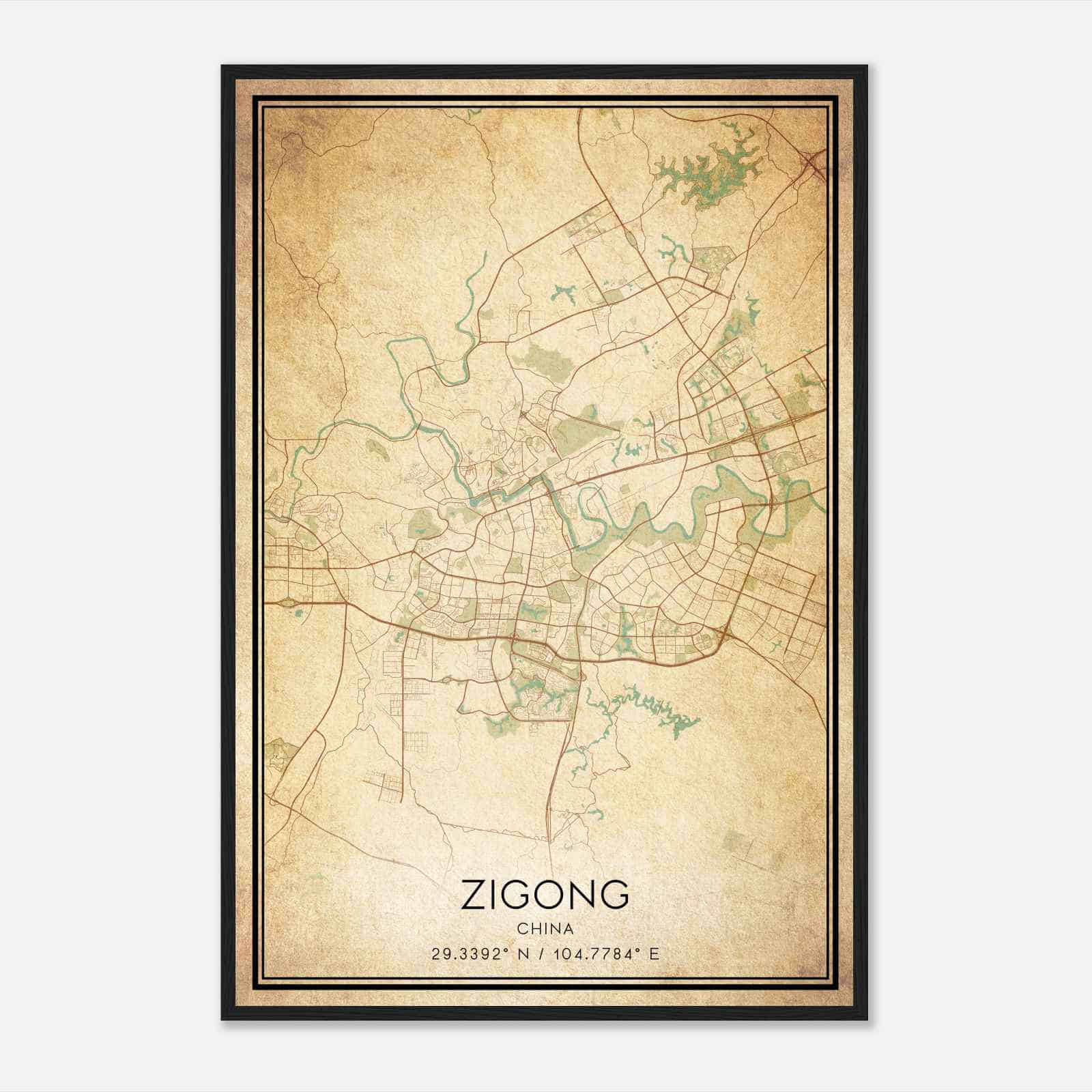 Vintage Zigong China Map Poster, Zigong City Road Wall Art Print