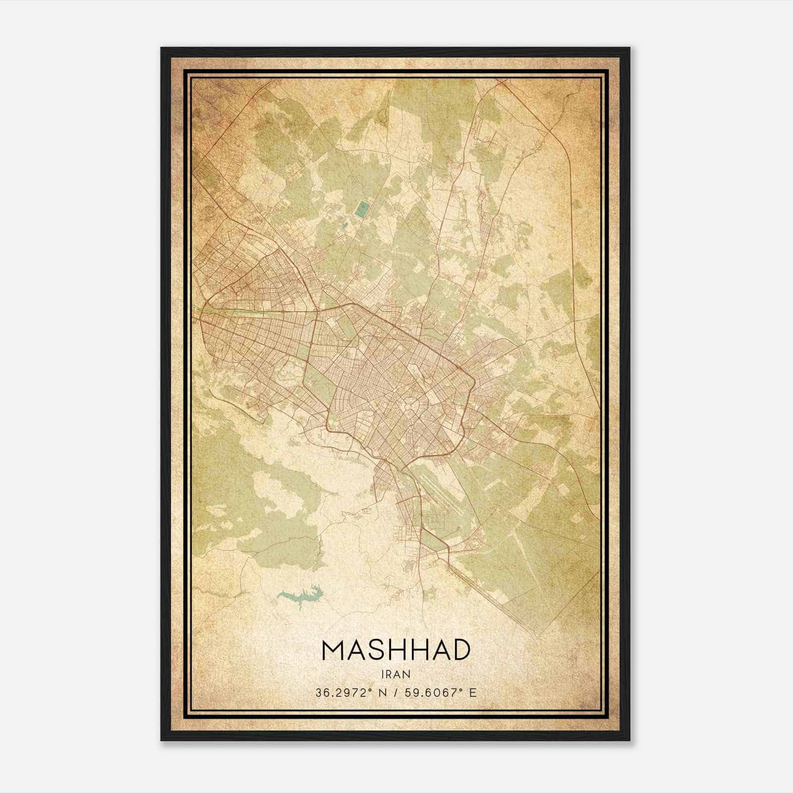 Vintage Mashhad Iran Map Poster, Mashhad City Road Wall Art Print