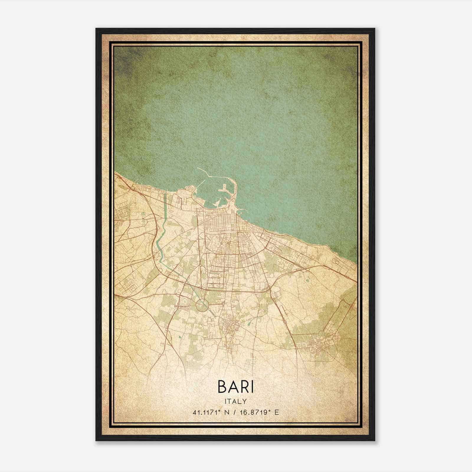 Vintage Bari Italy Map Poster, Bari City Road Wall Art Print