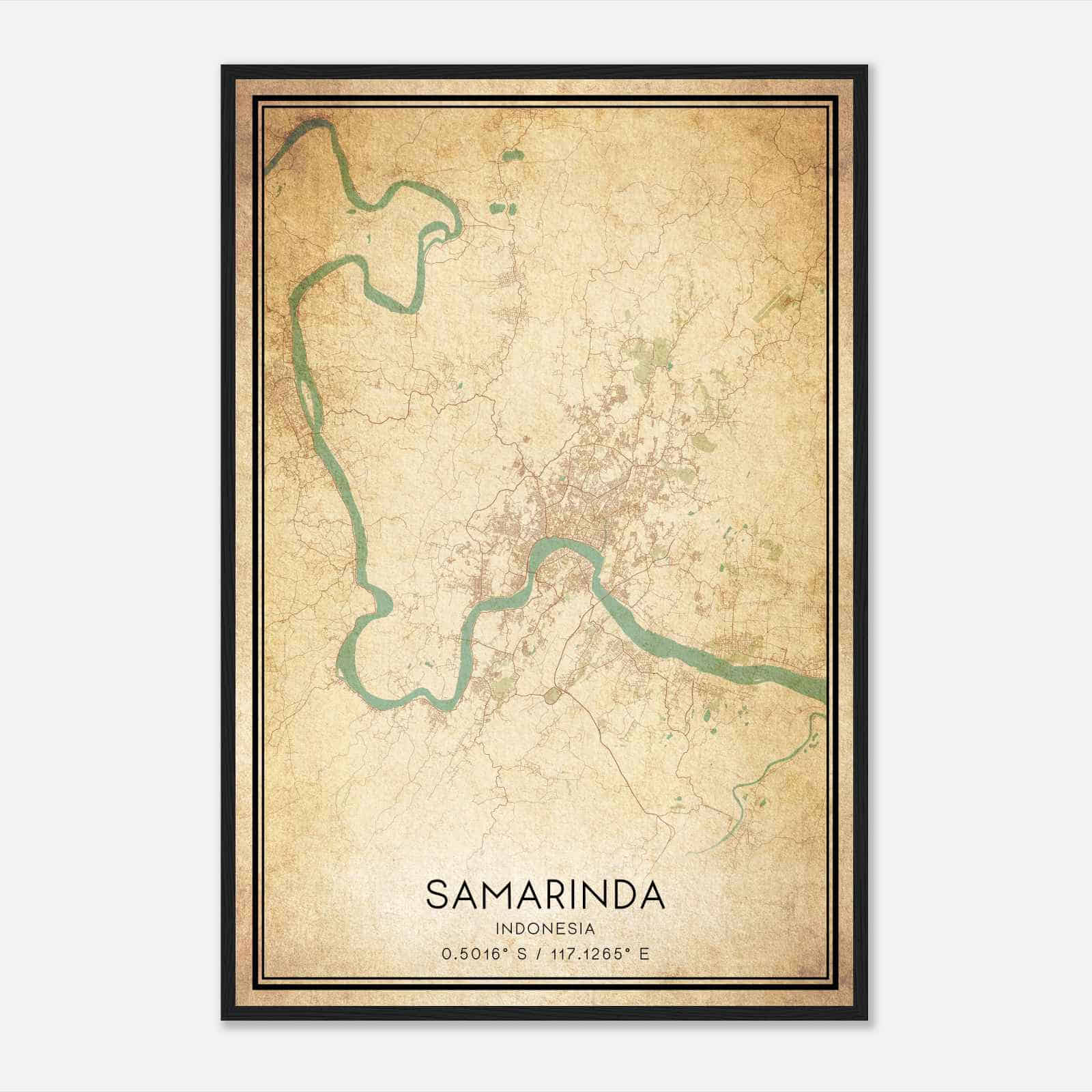Vintage Samarinda Indonesia Map Poster, Samarinda City Road Wall Art Print